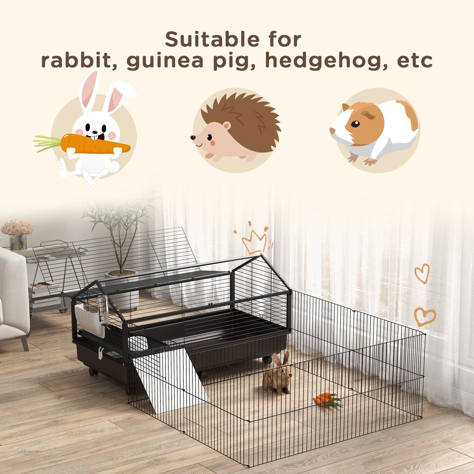 Small Animal Playpen Cage with Rolling Caster, Water Bottle 46.5"