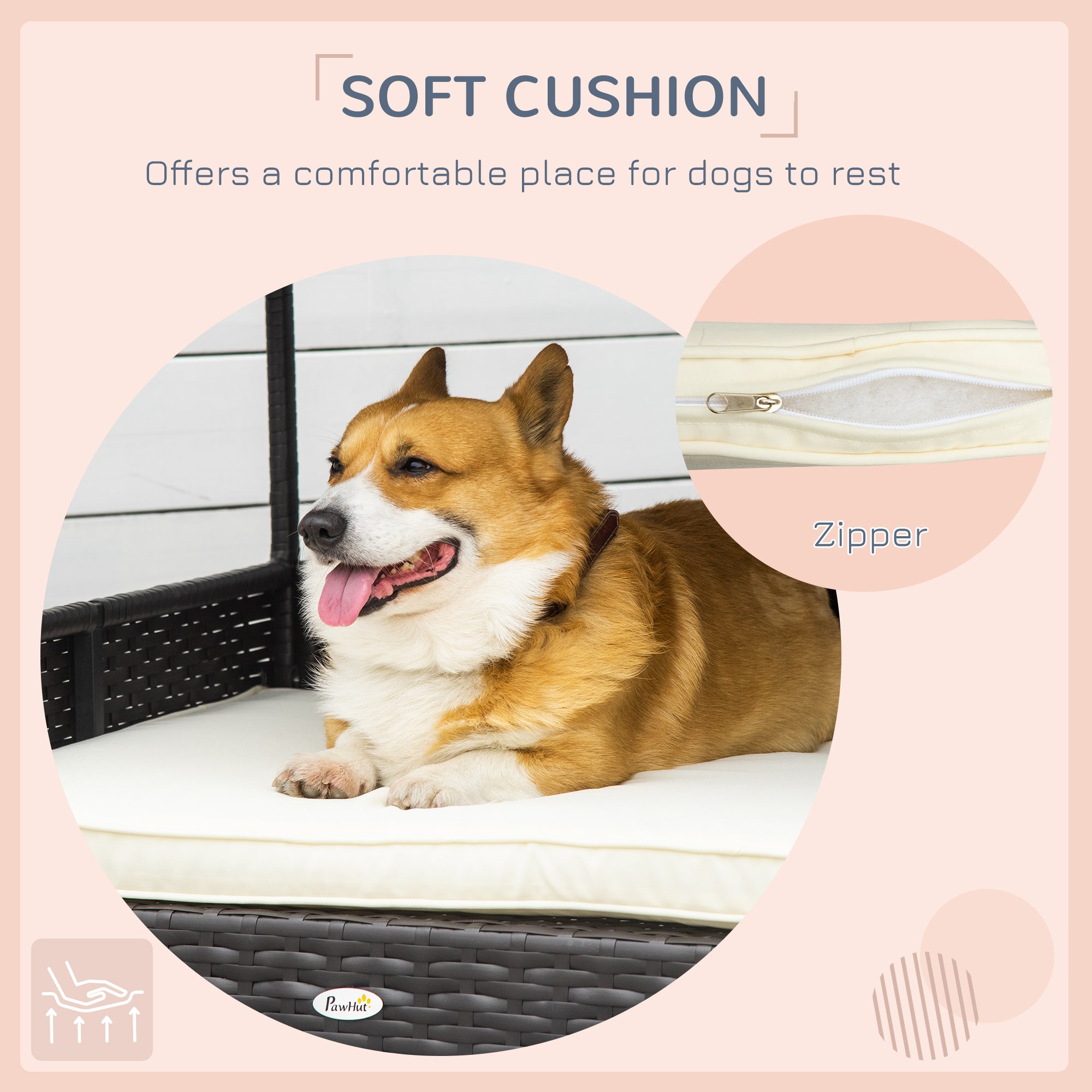Wicker Dog House Outdoor with Canopy, Rattan Dog Bed with Water-resistant Cushion, Raised Dog Bed for Small, Medium Dogs up to 66 lbs, 19.75" in Length, Brown Wicker, White Cushion