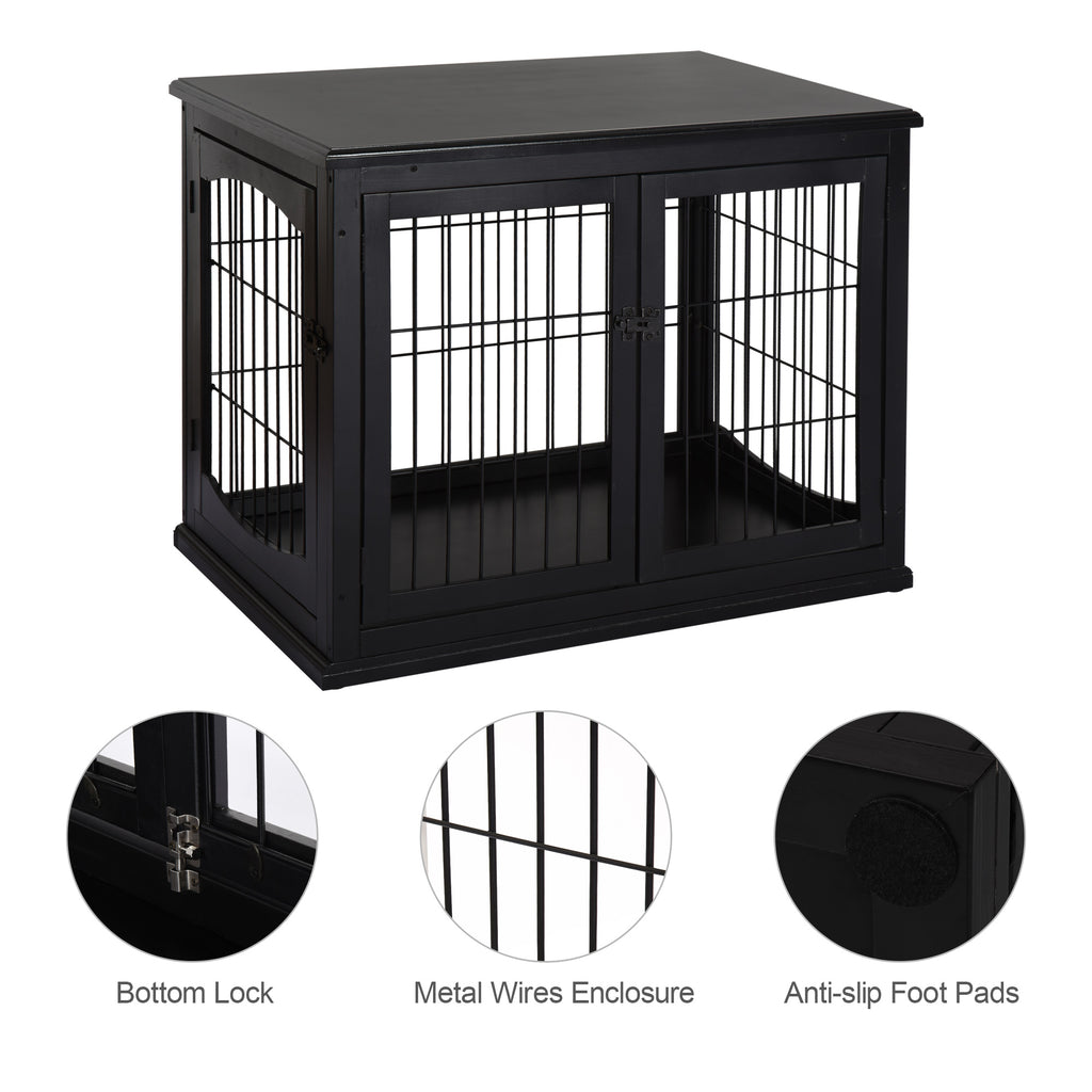 Dog Crate Furniture, 32" Small Dog Cage End Table with 2 Doors, Lockable Door, Puppy Kennel Indoor, Black