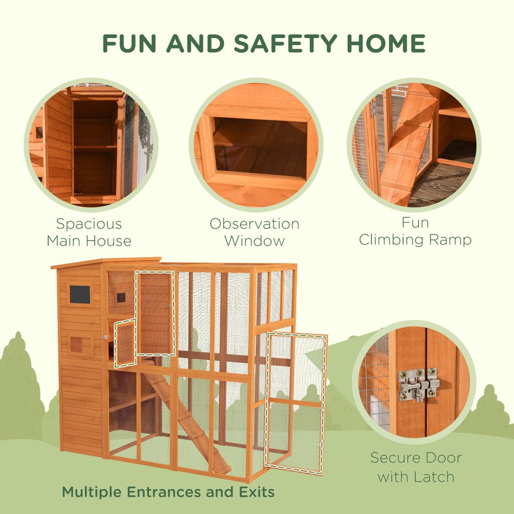 Wooden Outdoor Catio with Platforms, Asphalt Roof, Ramps, Natural