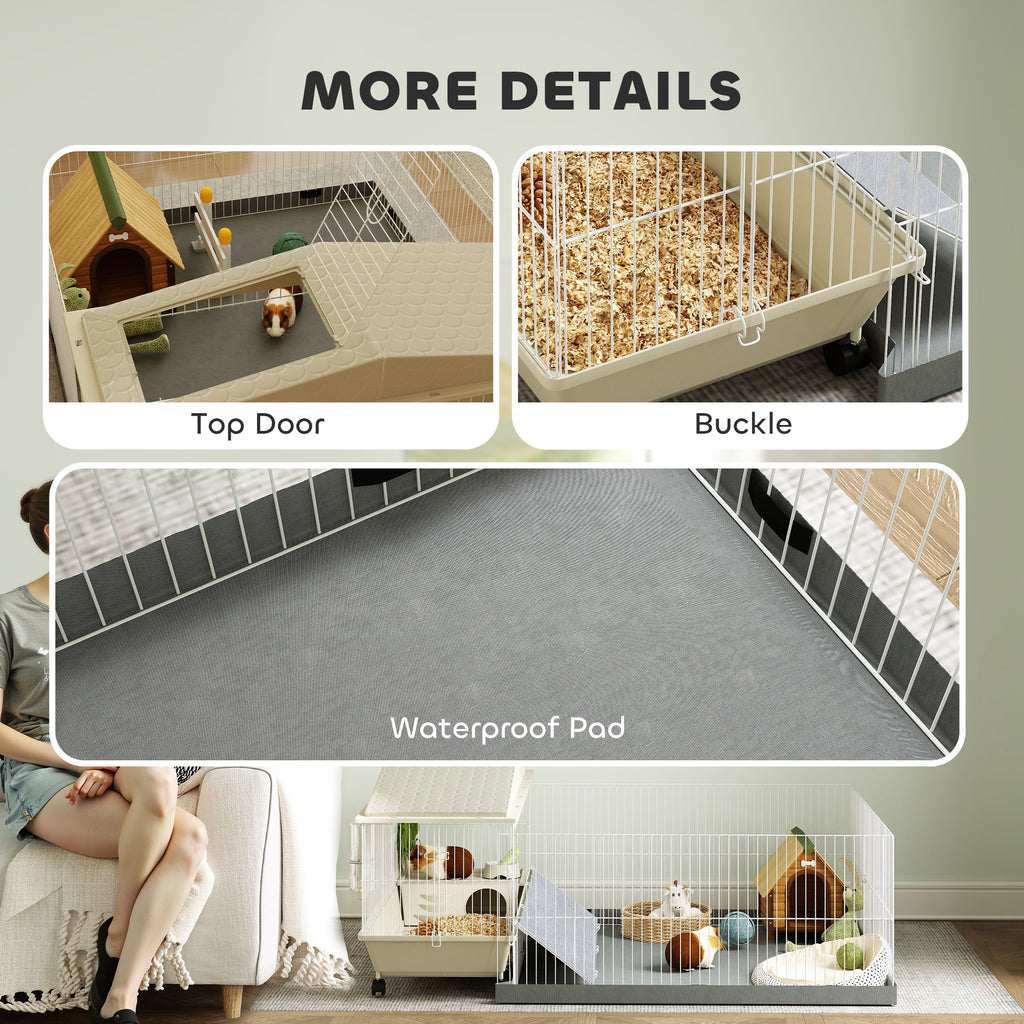 Guinea Pig Cage with Removable Playpen, Waterproof Pad, Hay Feeder & Water Bottle, Small Animal Habitat for Indoor Use