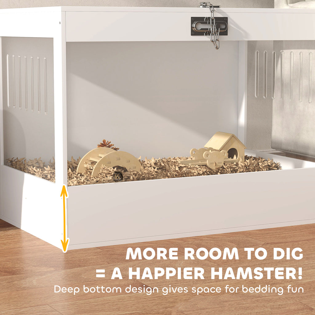 Hamster Cage with Openable Top & Lock, Hut, Transparent Acrylic Panels, Accessories, for Dwarf Hamster Gerbil, White