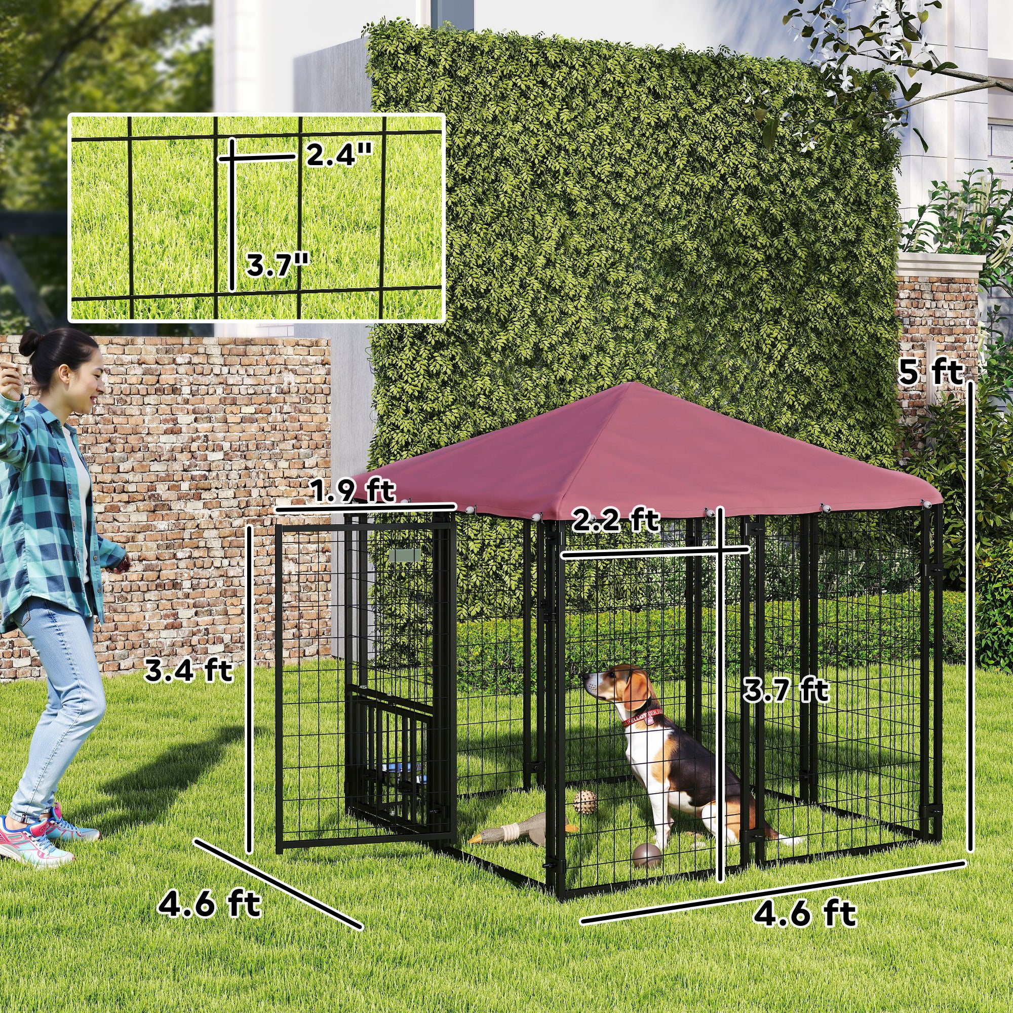 4.6' Outdoor Dog Kennel with Welded Wire, Adjustable Bowls & Waterproof Cover