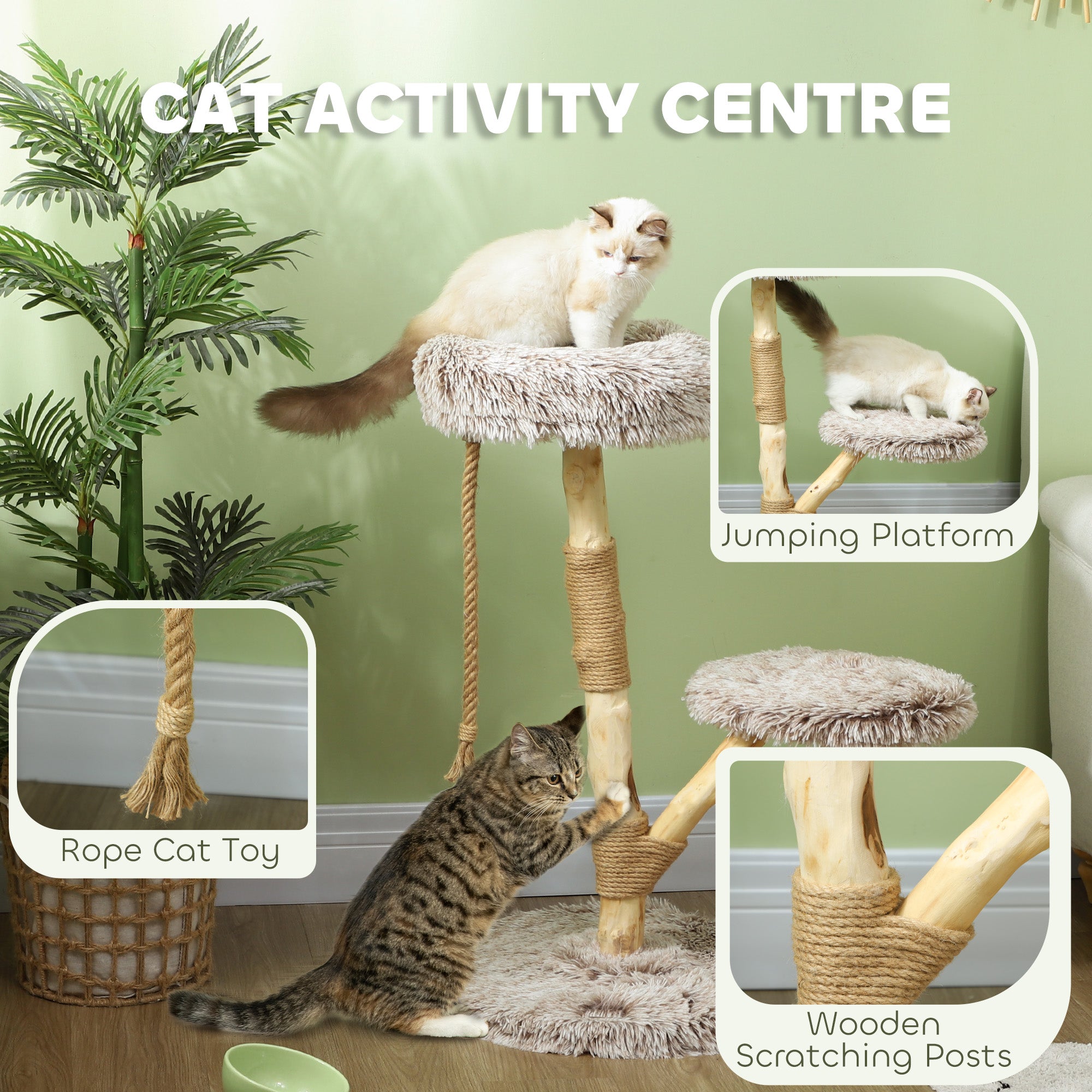 35-Inch Modern Cat Tree for Indoor Adult Cats, Wooden Scratching Posts, Cat Bed & Rope Toy, Compact Activity Tower, Brown