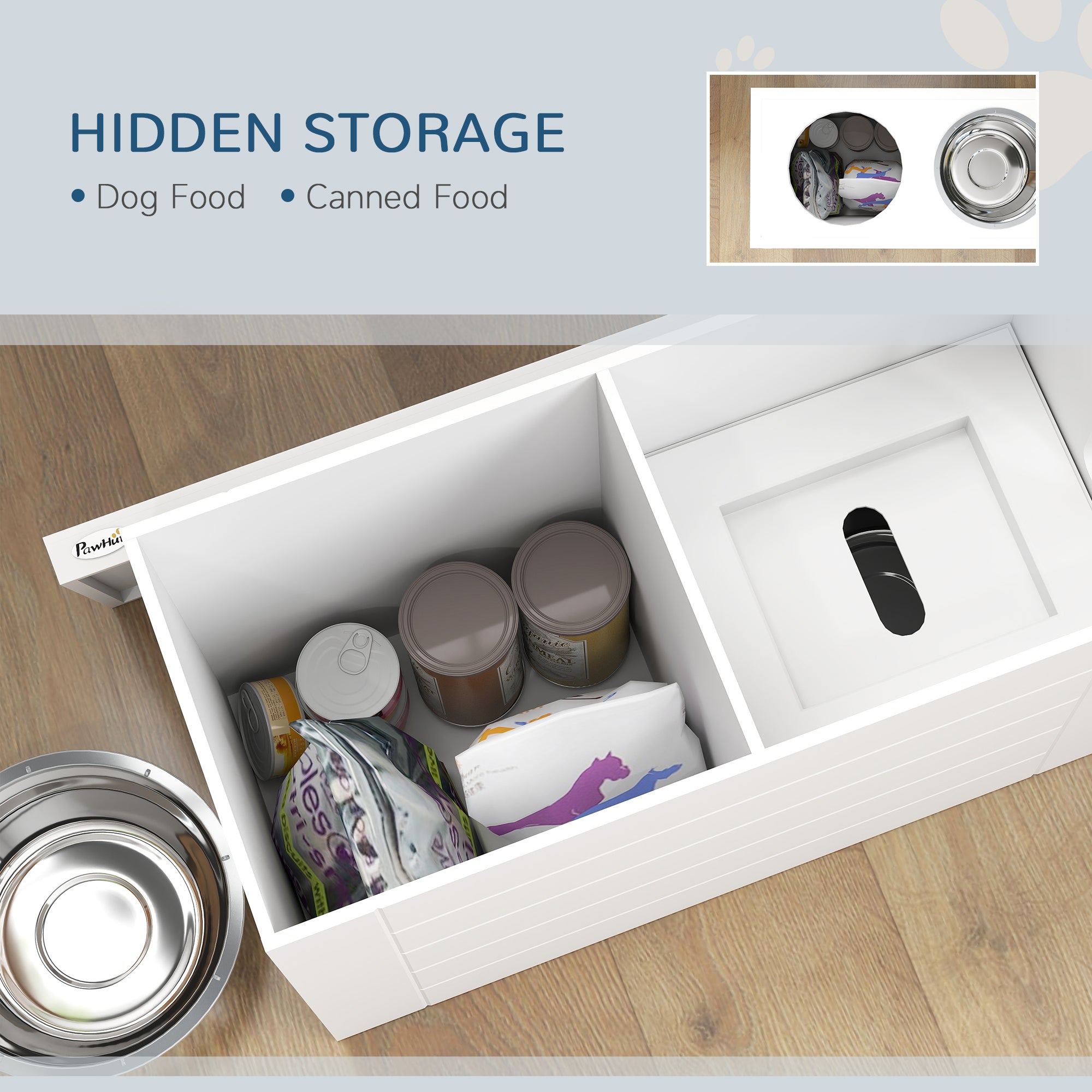 Elevated Dog Bowls with Slow Feeder Mat, Storage Cabinet, 3 Stainless Steel Bowls for Large & Extra Large Dogs, White
