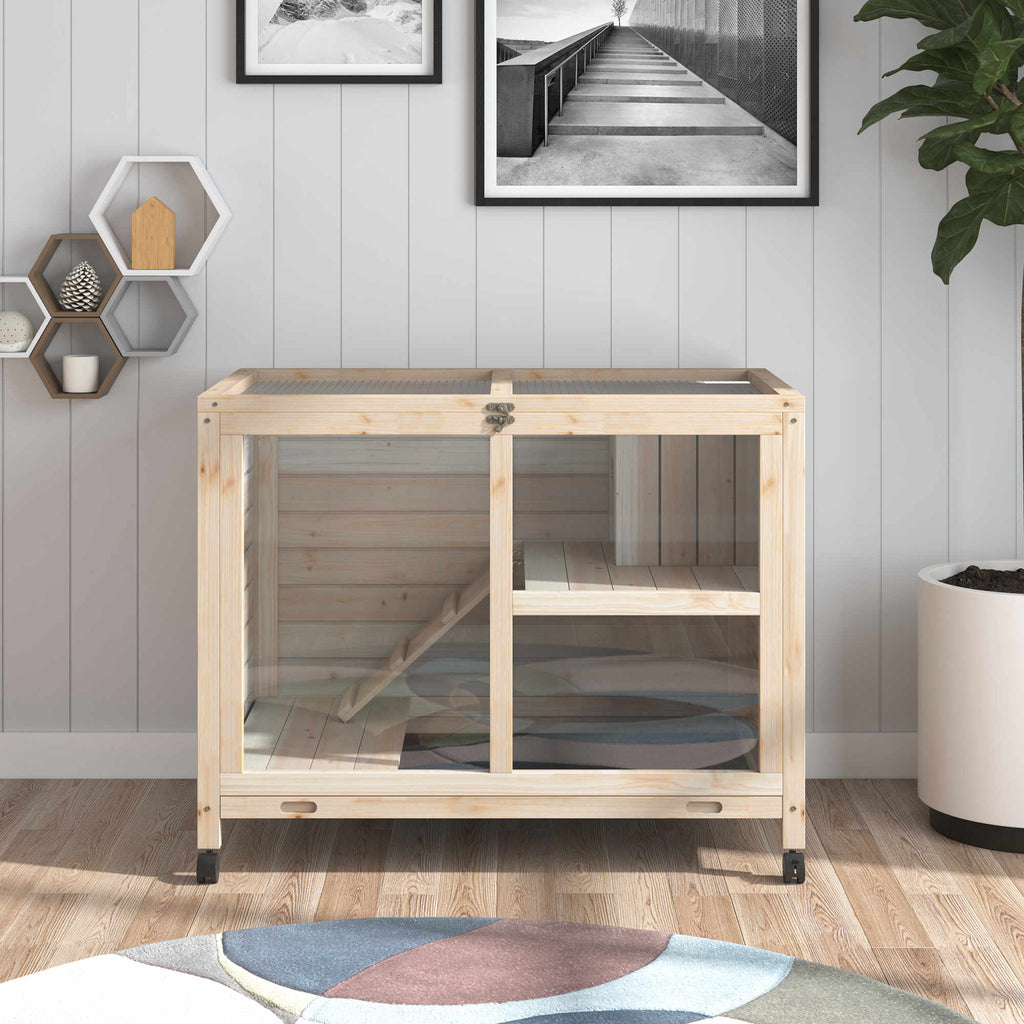Rabbit Hutch with Wheels, Desk and Side Table Sized, Wooden Rabbit Cage, Waterproof Small Bunny Cage with Removable Tray, Openable Roof, for Rabbits, Chickens, Ducks, Indoor/Outdoor, Natural