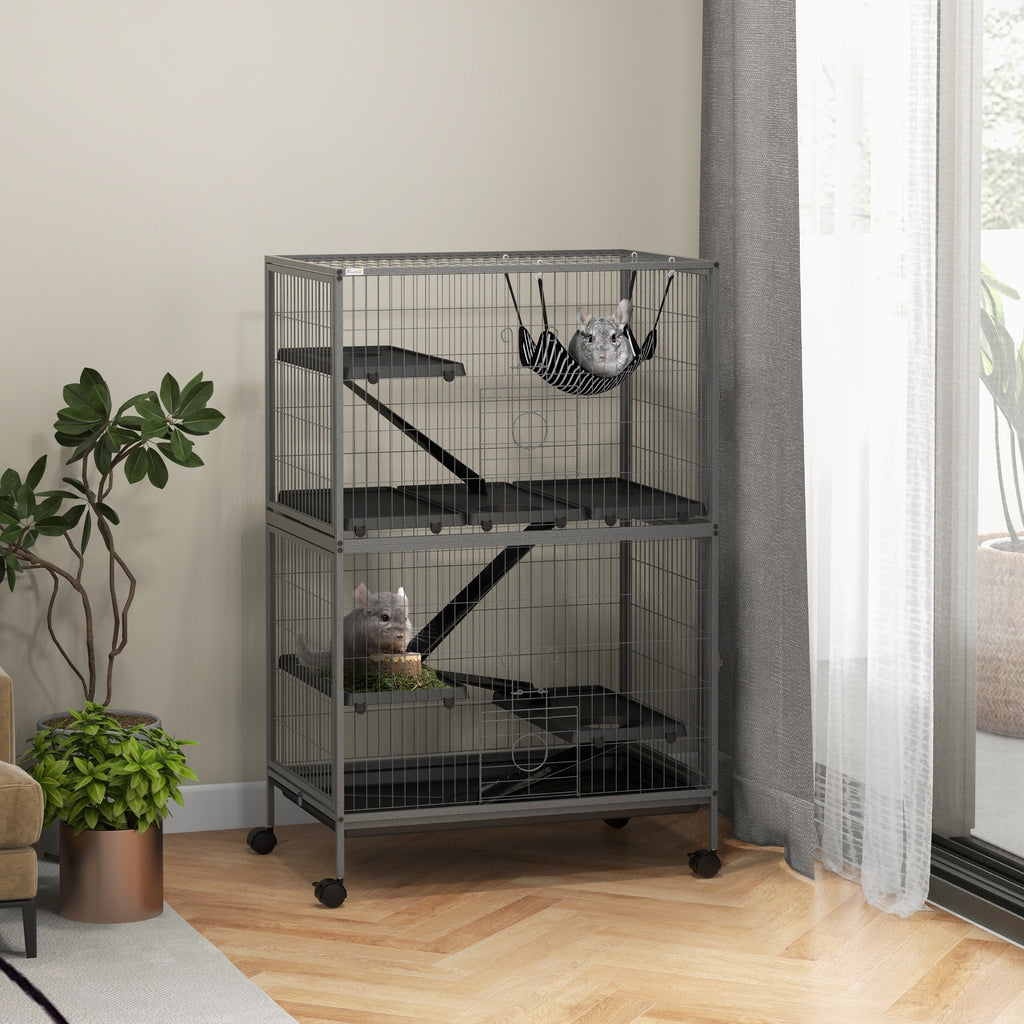 50" H Rolling Small Animal Cage with Hammock, Ferret Cage, Chinchilla Cage, Pet Habitat with 4 Doors, Removable Tray