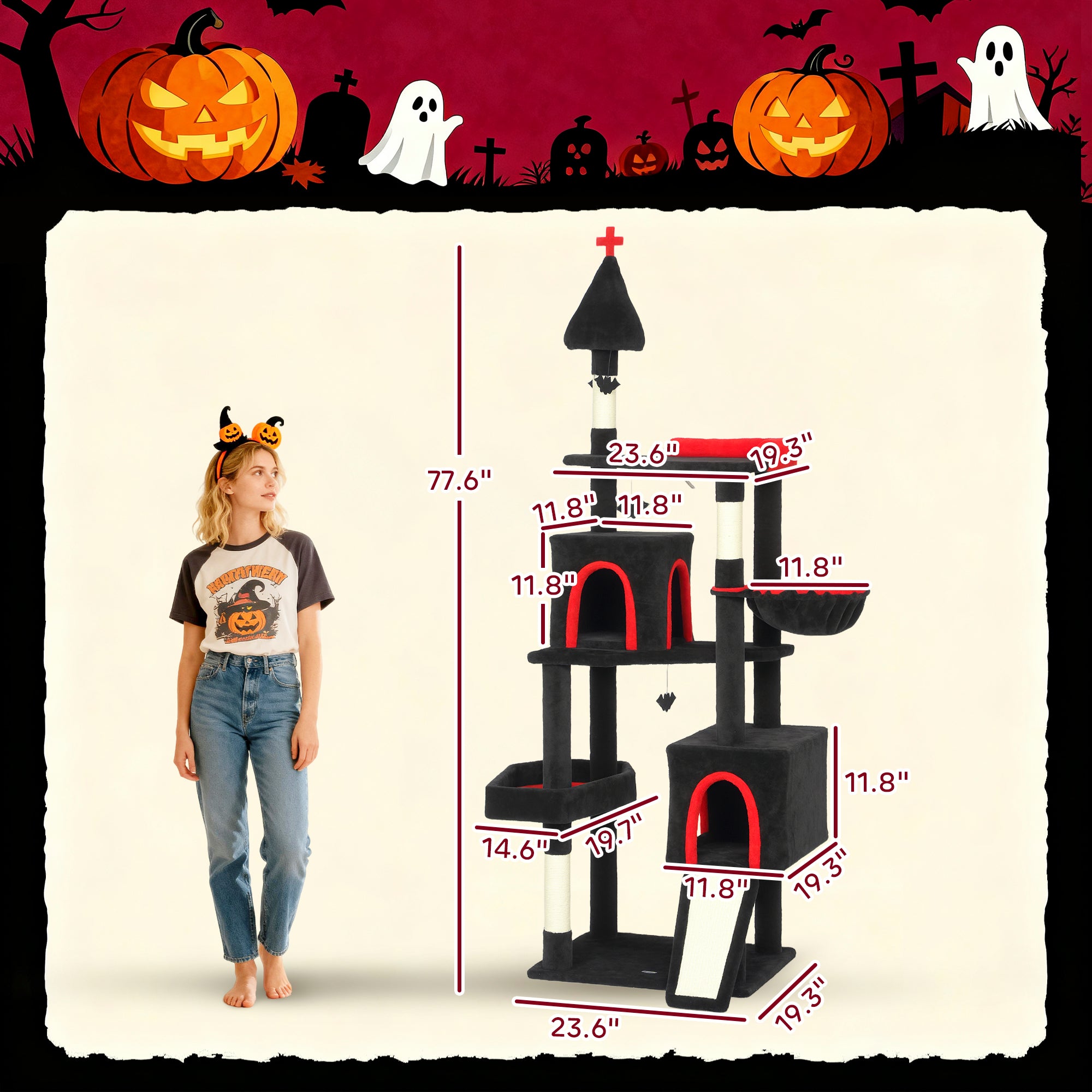 78" Gothic Cat Tree with Coffin Bed - Tall Cat Tower for Indoor Cats with 2 Spacious Condos & Sisal Scratching Posts, Unique Bat Hanging Toys, Halloween Furniture