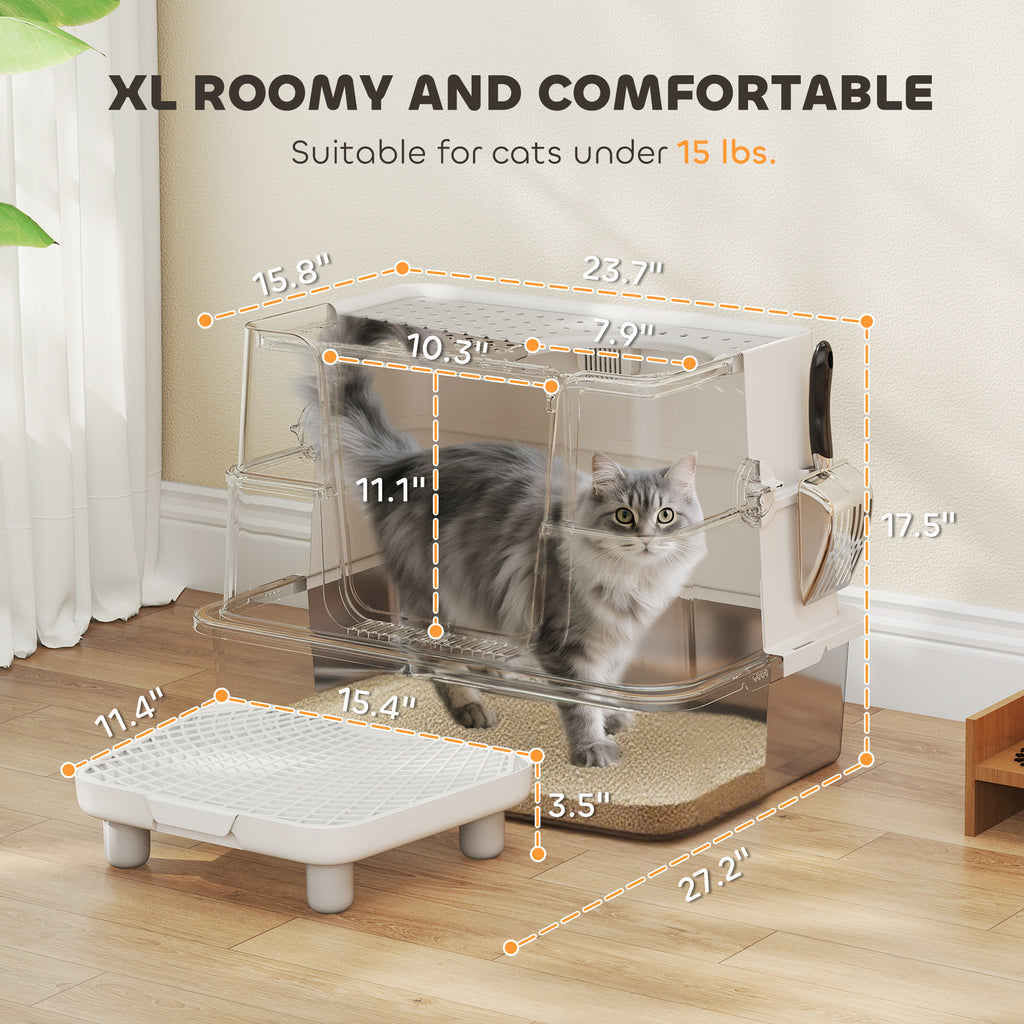 XL Stainless Steel Litter Box w/ 100¡ã Flip Top, Scoop, Step, Top & Side Entry Enclosed Litter Box for Big Cats
