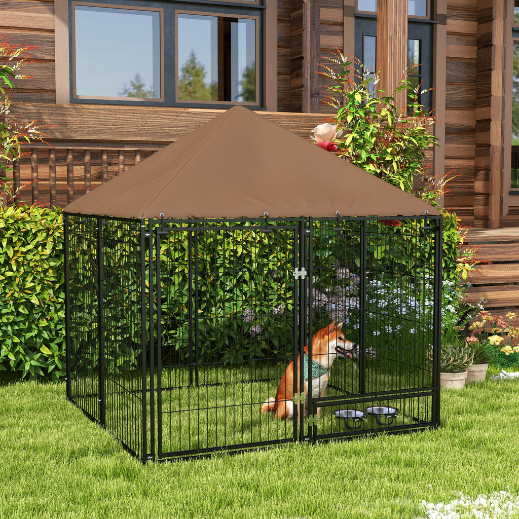 Outside Dog Kennel, 4.6' x 4.6' x 5' Puppy Play Pen with Canopy, Garden Playpen Fence Crate Enclosure Cage Rotating Bowl, for Dogs, Chickens, Ducks, Black
