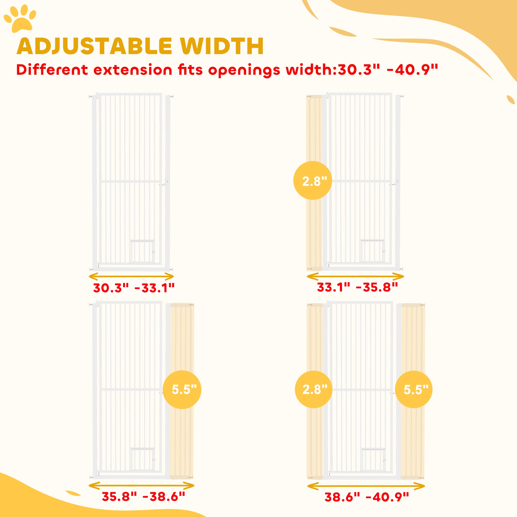 59" Extra Tall Pet Gate, 30"-41" Dog Gate with Cat Door, 1.4" Narrow Gap, 2.8" and 5.5" Extension, for Doorway, Hallway