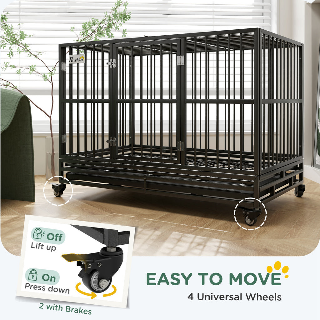 48" Heavy Duty Dog Crate Metal Cage Kennel with Lockable Wheels, Double Door and Removable Tray, gray
