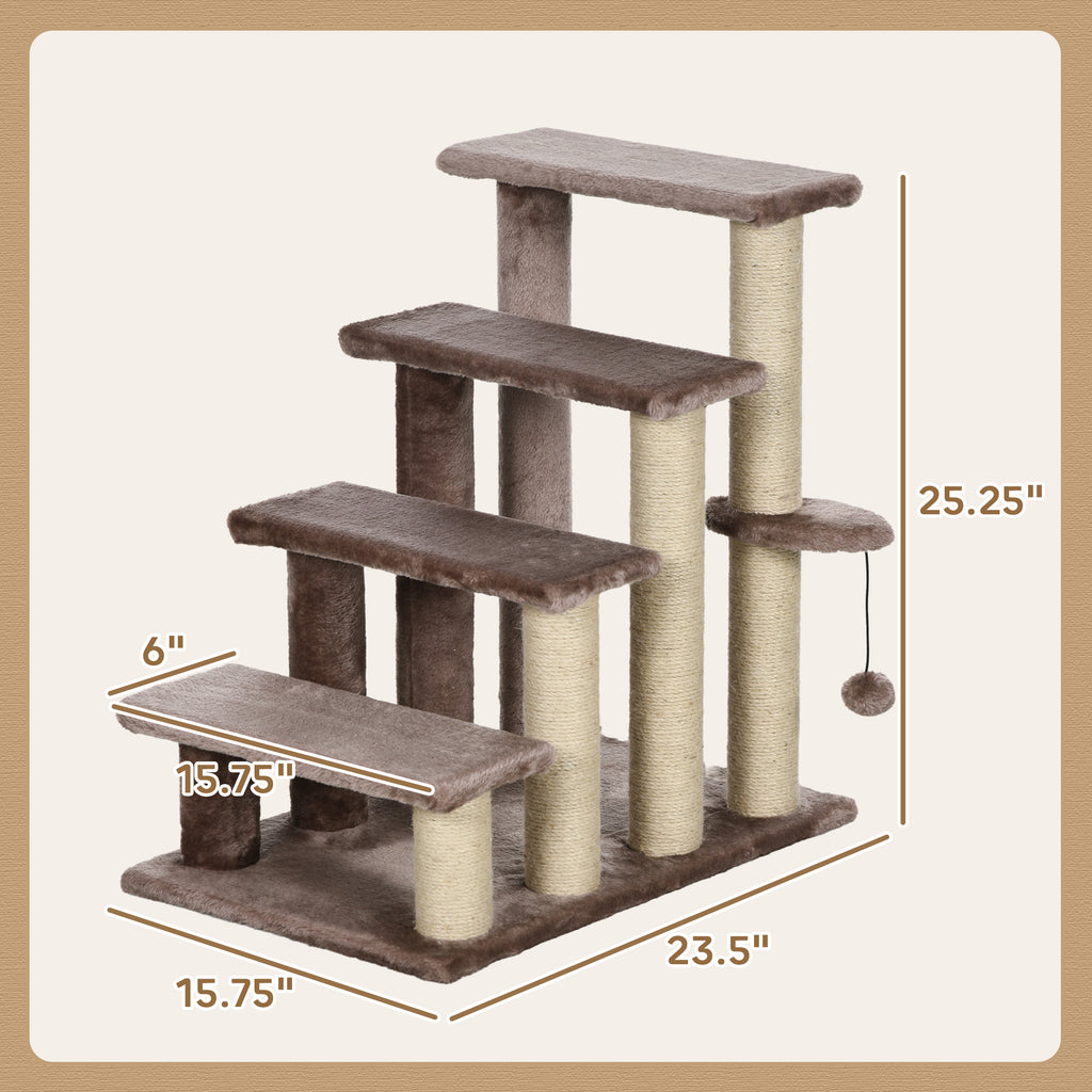 4-Level Cat Steps for High Bed & Sofa - Brown Pet Stairs with Integrated Sisal Scratching Posts, Soft Flannel Platforms & Hanging Toy Ball, Portable Ladder for Senior Cats & Kittens