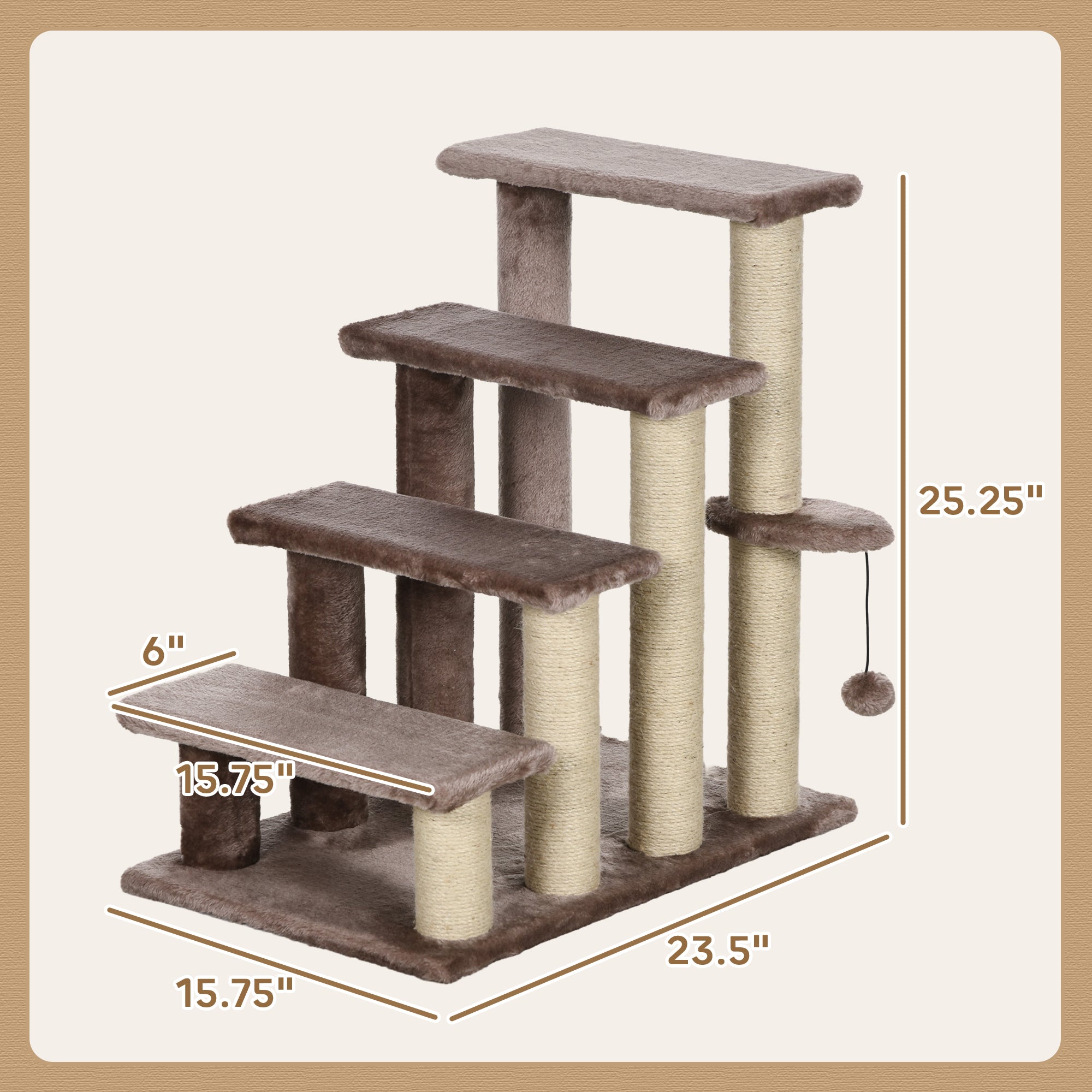 4-Level Cat Steps for High Bed & Sofa - Brown Pet Stairs with Integrated Sisal Scratching Posts, Soft Flannel Platforms & Hanging Toy Ball, Portable Ladder for Senior Cats & Kittens