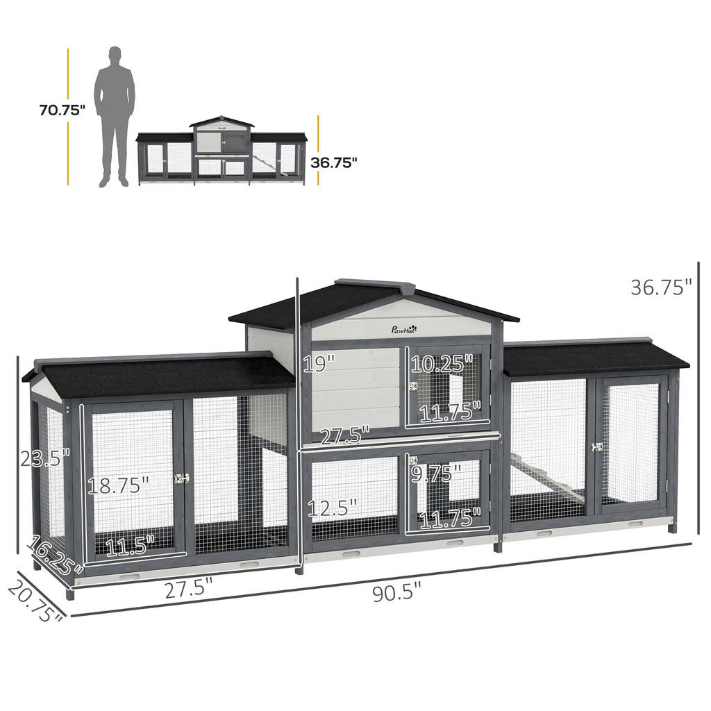 90.5" Wooden Rabbit Hutch Bunny Cage Pet Playpen House Enclosure with Double Side Run Boxes, No Leak Tray, Ramp, for Rabbits, Chickens, Ducks, Guinea Pig and Small Animals, Light Gray