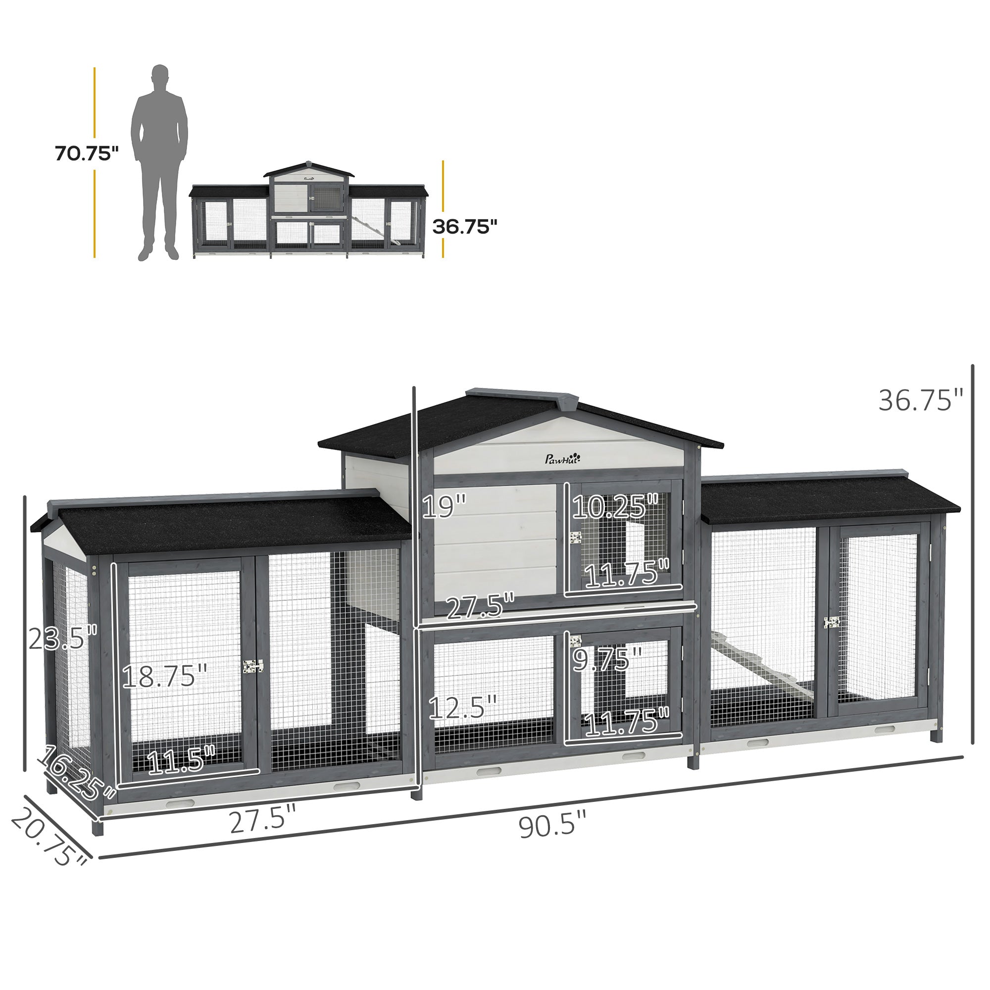90.5" Wooden Rabbit Hutch Bunny Cage Pet Playpen House Enclosure with Double Side Run Boxes, No Leak Tray, Ramp, for Rabbits, Chickens, Ducks, Guinea Pig and Small Animals, Light Gray