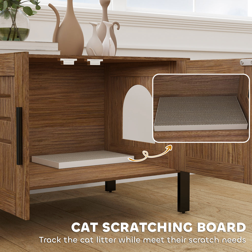 Cat Litter Box Enclosure with Tall Legs, Scratching Board, Dark Brown, 31.5"L x 17.7"W x 19.7"H