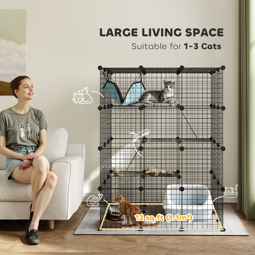 DIY 4 Tier Cat Cage Indoor with Hammock, Ramps, Jumping Platforms, Doors, Cat Enclosure for 1-3 Cats, 3 x 3 x 4, Black
