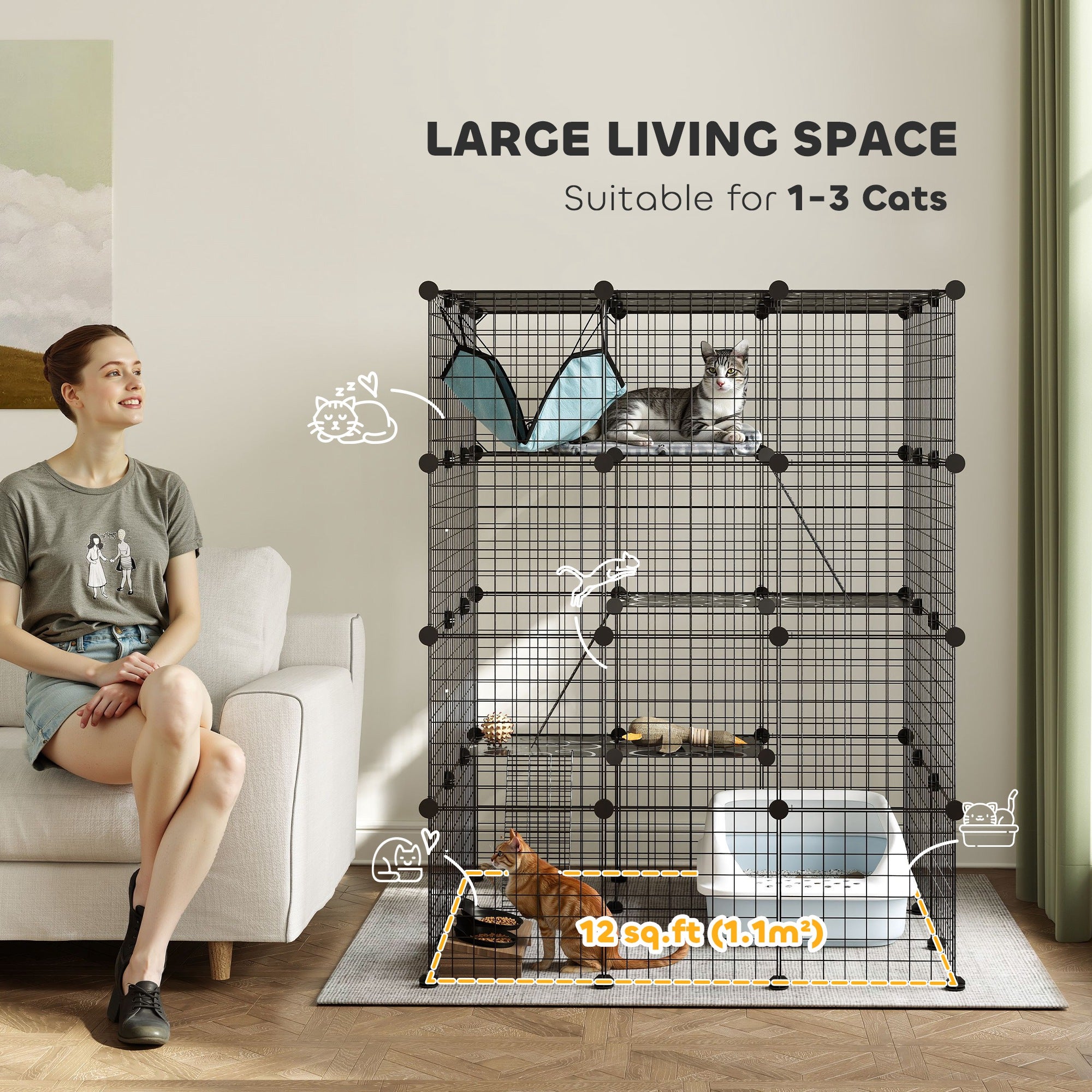 DIY 4 Tier Cat Cage Indoor with Hammock, Ramps, Jumping Platforms, Doors, Cat Enclosure for 1-3 Cats, 3 x 3 x 4, Black