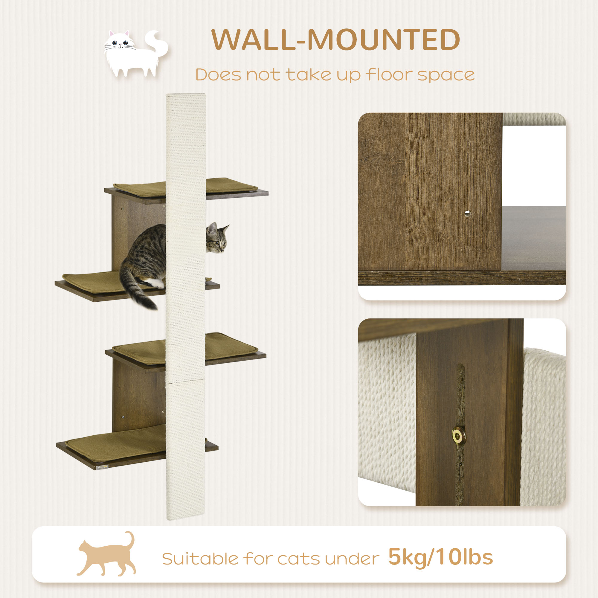 4-Layer Wall-Mounted Cat Tree with Scratching Board, Cat Wall Shelves Furniture