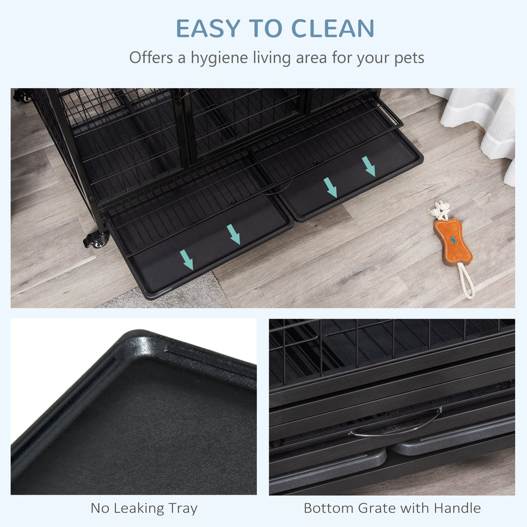 43" Heavy Duty Dog Crate with Removable Tray, Lockable Wheels and Double Door, for Large and Extra Large Dogs, Black