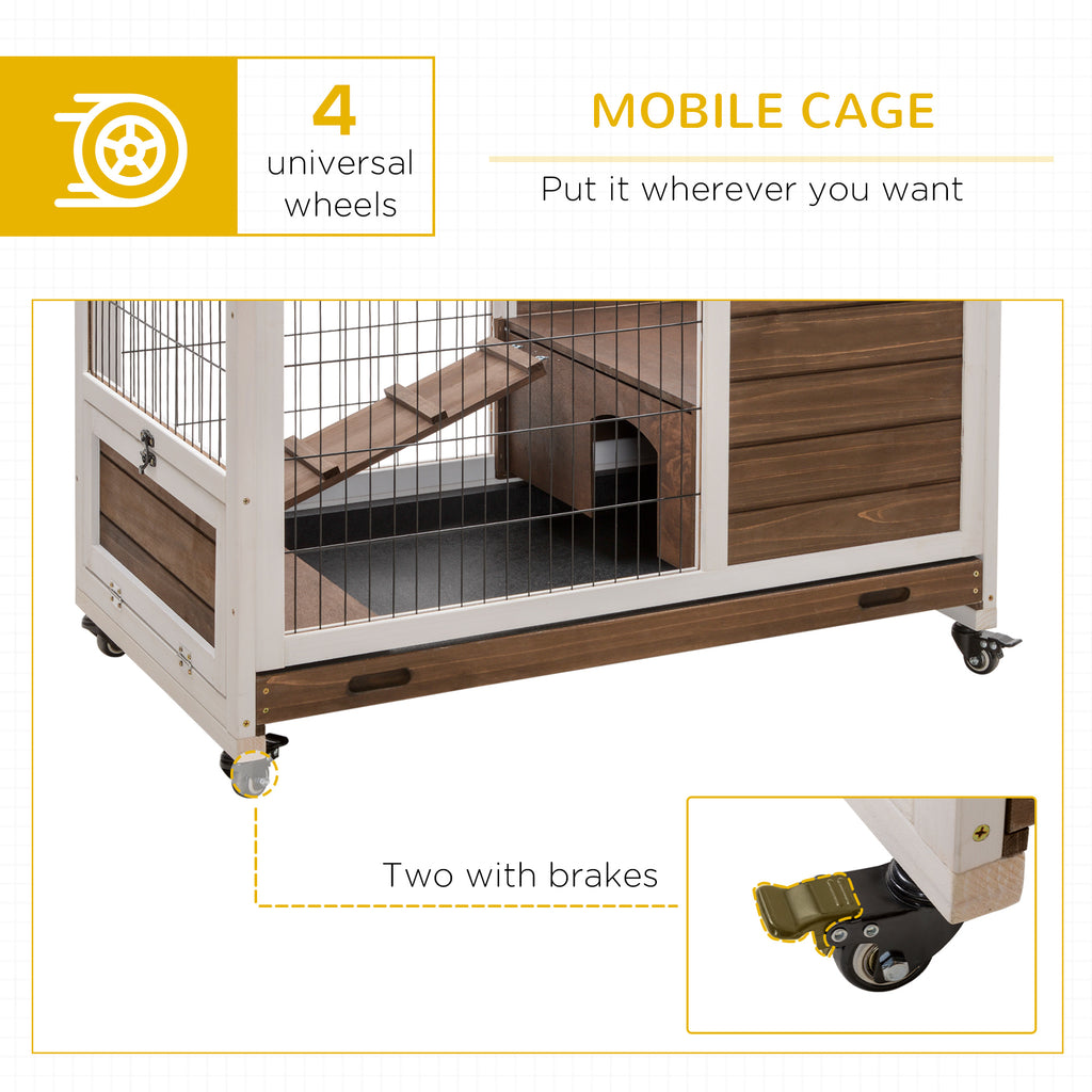 Indoor Rabbit Enclosure, on Wheels, Indoor Bunny Cage Small Animal House with Pull Out Tray Casters Ramp, 35.5" x 21" x 23", Brown