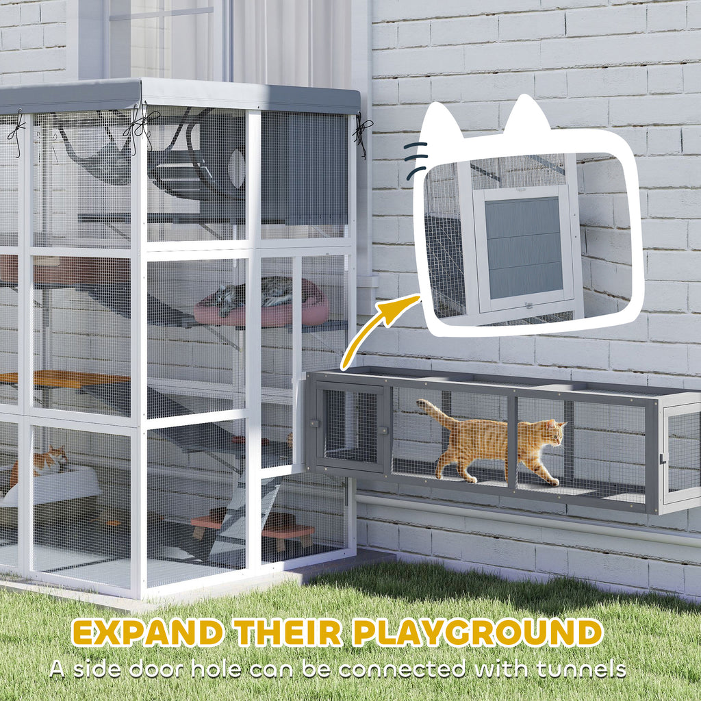 Large Outdoor Catio Cat Enclosure with Hammock, Condo, Jump Platforms, Ladders, Ramps, Tarp, for 2-4 Large Cats, Gray