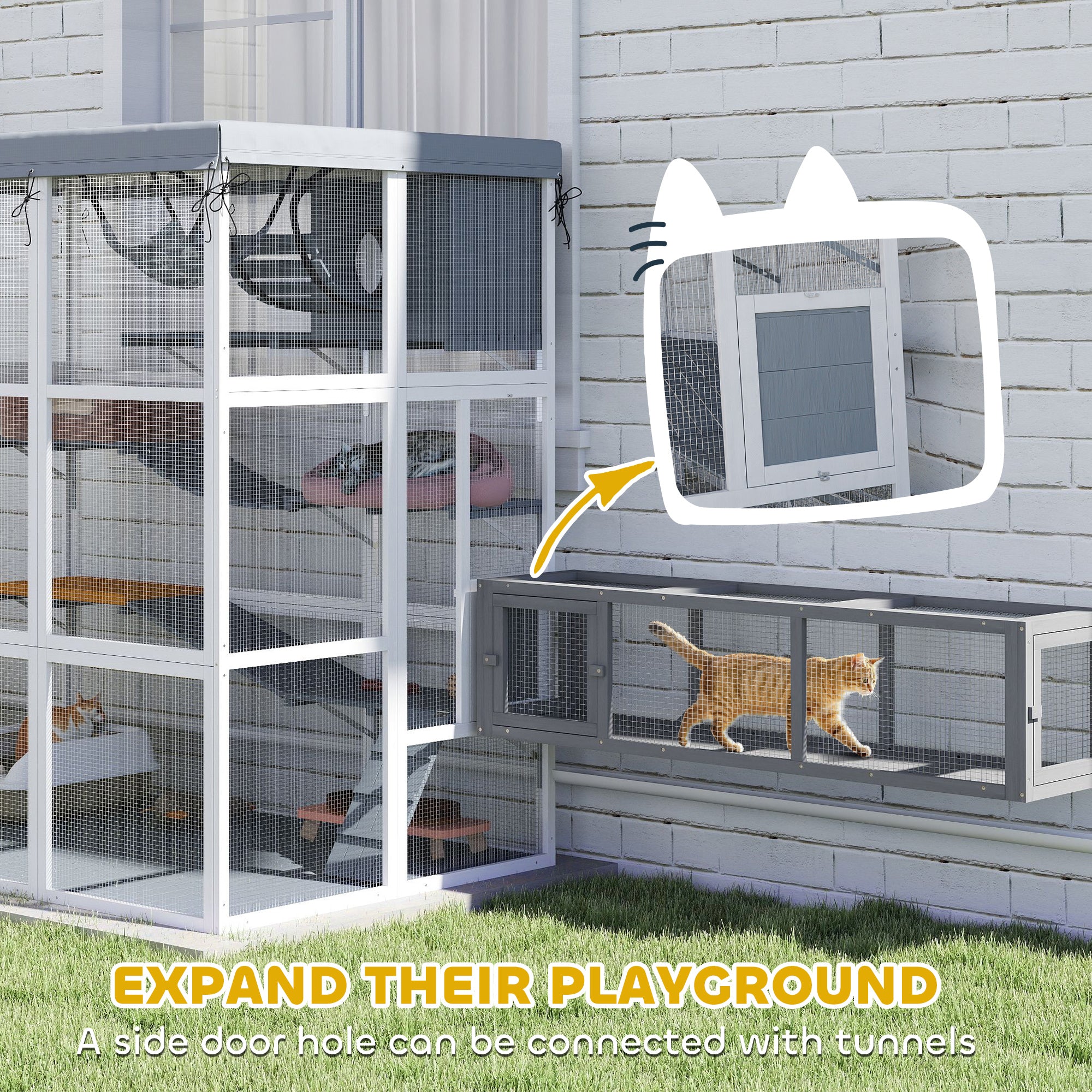 Large Outdoor Catio Cat Enclosure with Hammock, Condo, Jump Platforms, Ladders, Ramps, Tarp, for 2-4 Large Cats, Gray