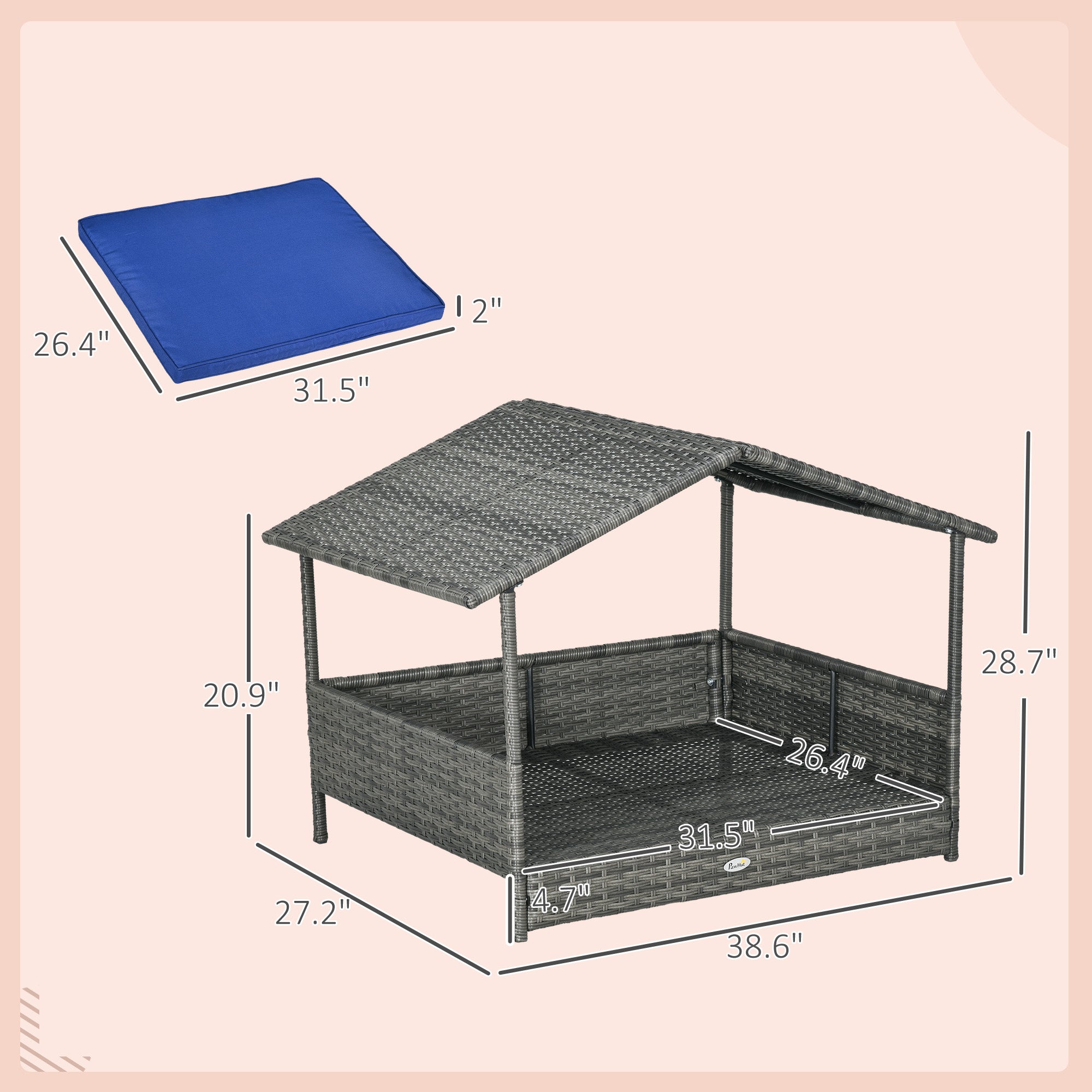 Wicker Dog House with Removable Cushion Lounge, Dark Blue