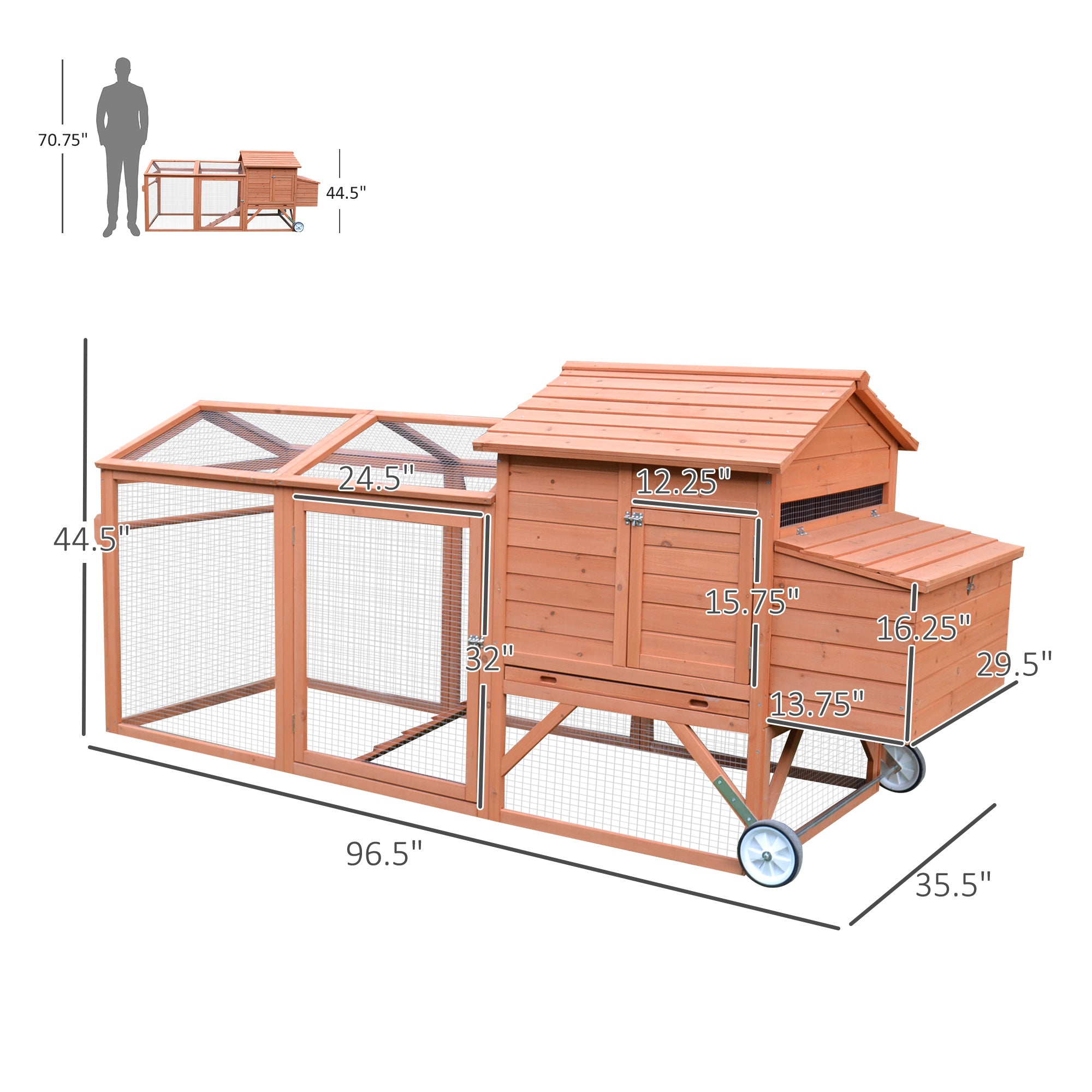 96.5" Chicken Coop Wooden Hen House Poultry Cage Pen Portable with Wheels and Nesting Box, Chicken Cage for Backyard Outdoor, Natural