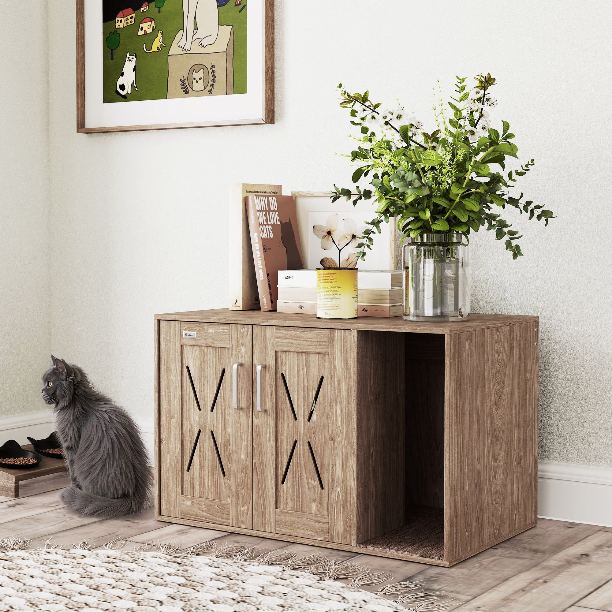 Cat Litter Box Enclosure with Scratching Board, Cat Washroom End Side Table, 31.5" x 19" x 20", Walnut Brown