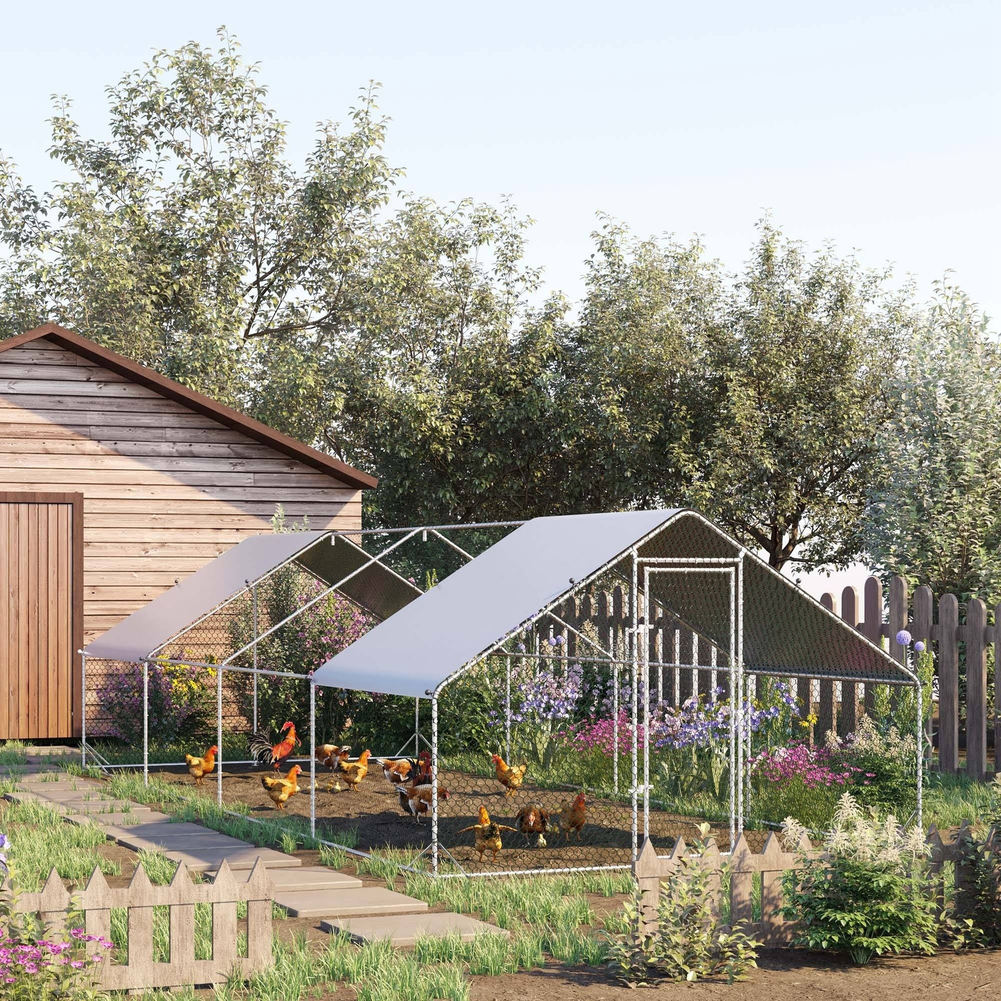 Metal Chicken Run 9.8' x 26.2' x 6.6' with Waterproof and Anti-UV Cover for Outdoor and Yard Farm Use