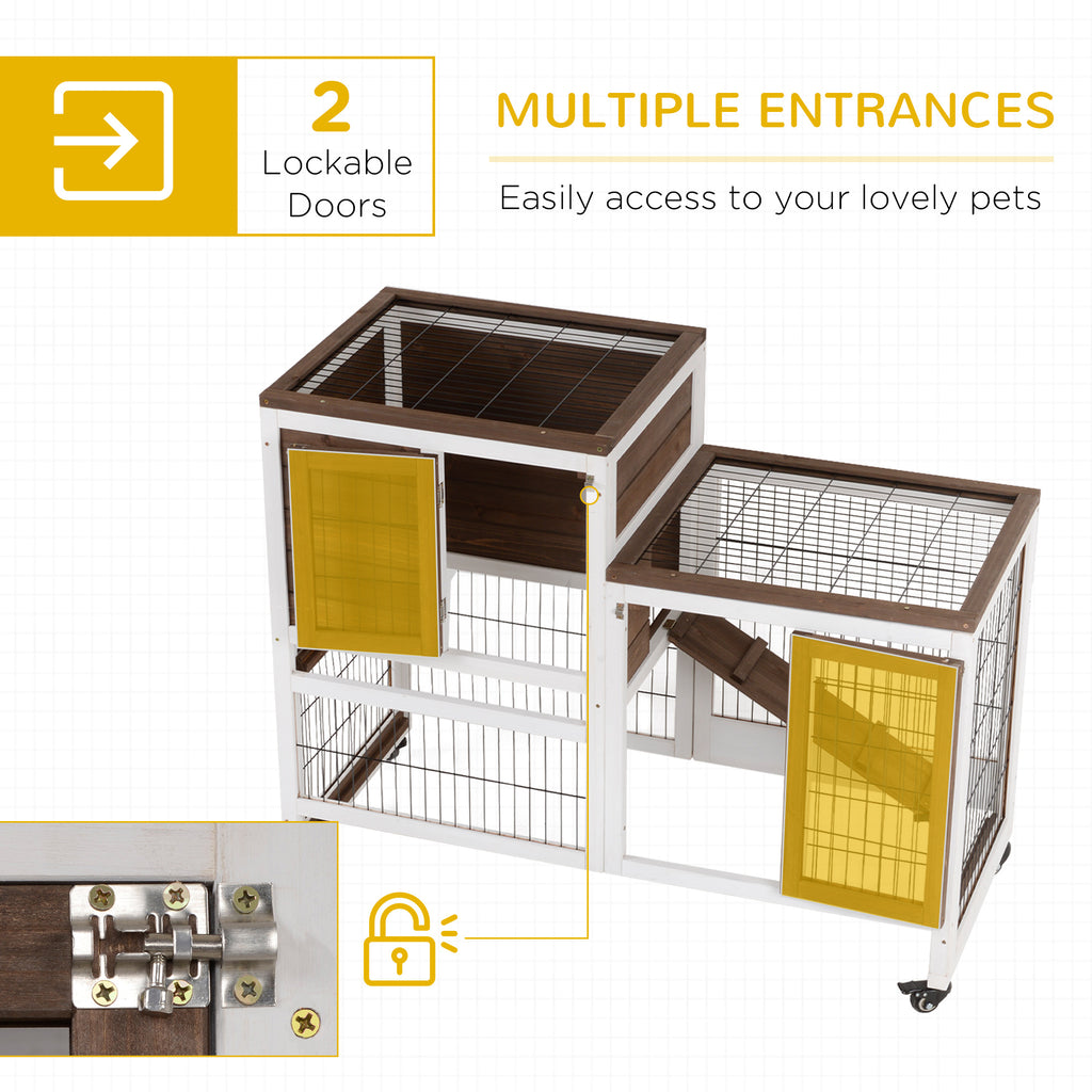 Wooden Rabbit Hutch Elevated Bunny Cage Indoor Small Animal Habitat with Enclosed Run with Wheels, Ramp, Removable Tray for Rabbits, Chickens, Ducks, Guinea Pigs, Brown