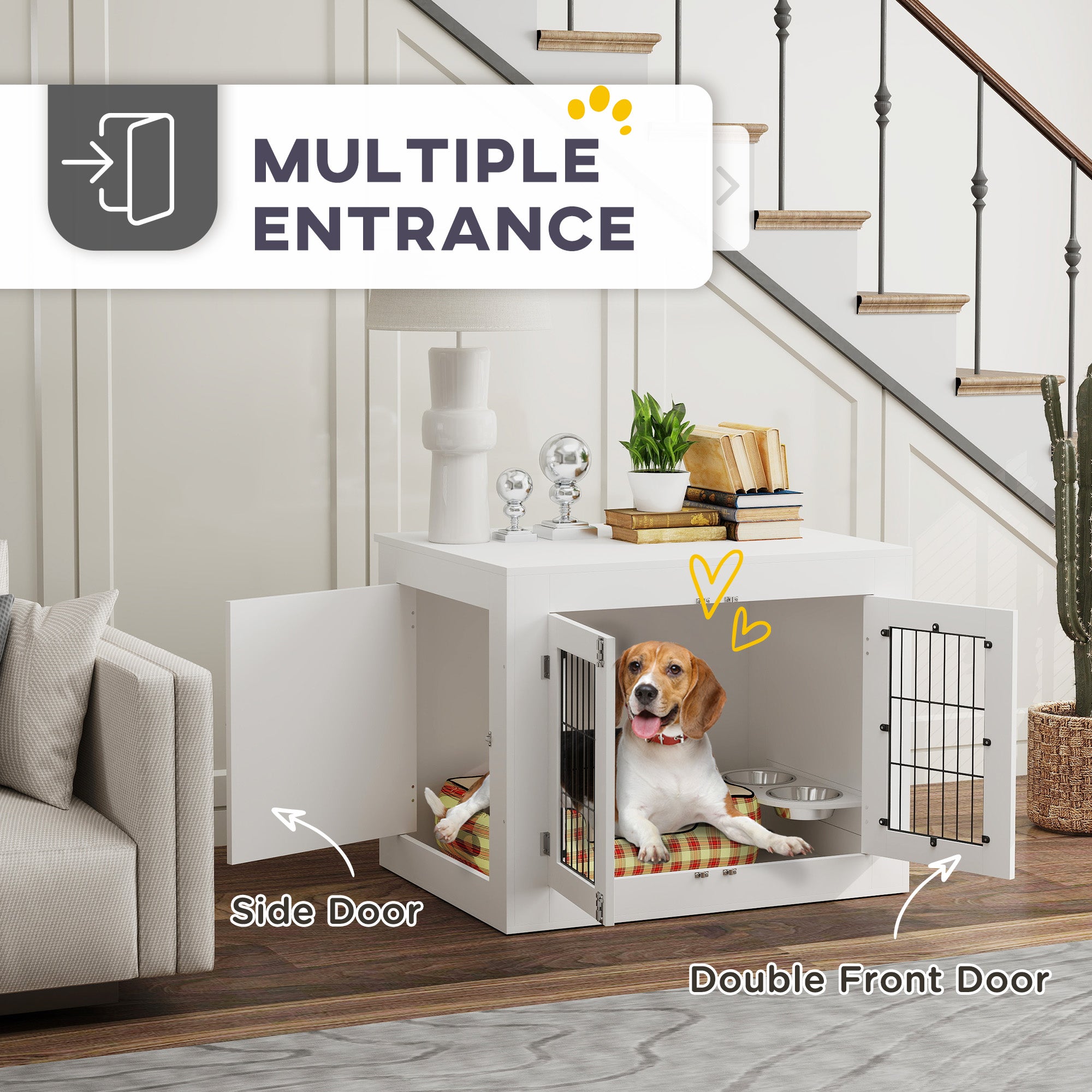 Dog Crate Furniture with 360¡ã Rotatable Removable Dog Bowls