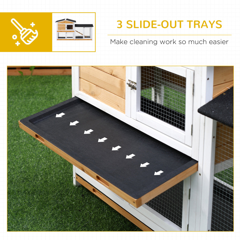 62" Rabbit Hutch, Wooden Bunny Hutch, Guinea Pig Cage, Small Animal Enclosure with Run Area, Removable Tray, Asphalt Roof, Lockable Doors and Ramp, for Rabbits, Chickens, Ducks, Nature Wood
