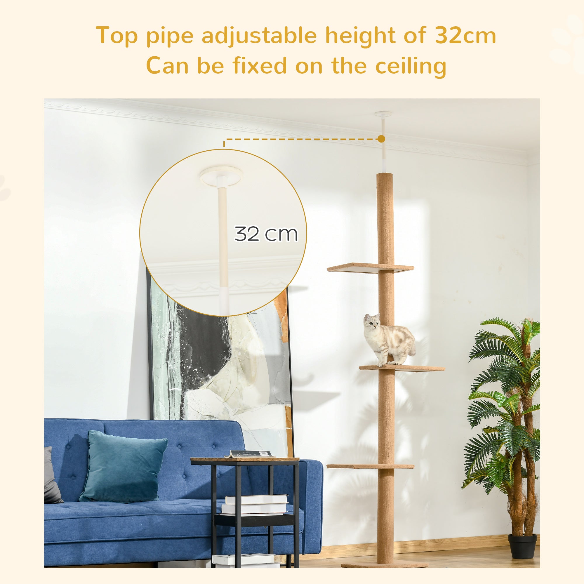 Floor-to-Ceiling Cat Tree with Sisal Scratching Posts, Tall Cat Climbing Tower Activity Center for Kittens & Indoor Cats, Brown