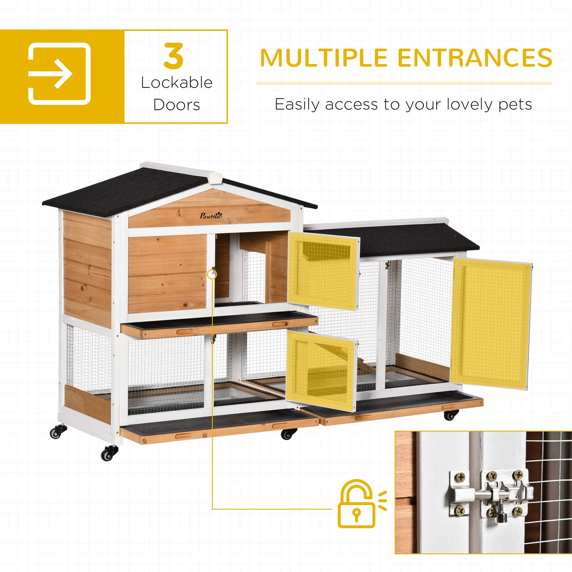 62" Wooden Mobile Rabbit Hutch with Wheels, Run Box, Slide-out Tray, Ramp, Yellow