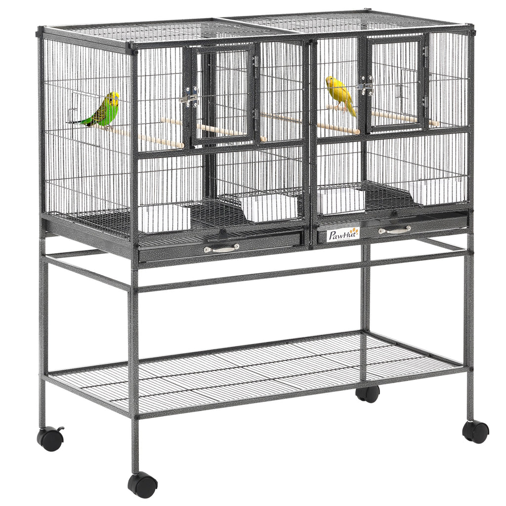 Divided Breeder Bird Cage with Rolling Stand Removable Metal Tray, Storage Shelf, Wood Perch, and Food Container