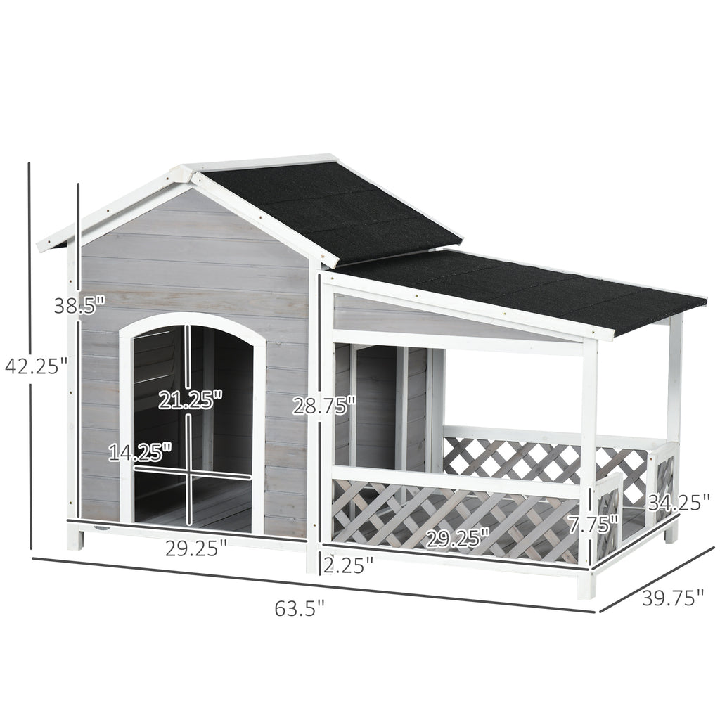 Wooden Dog House Outdoor with Porch, Cabin Style Raised Dog Shelter with Asphalt Roof, Doors, and Shutter Window, for Medium Large Sized Dog, Light Gray