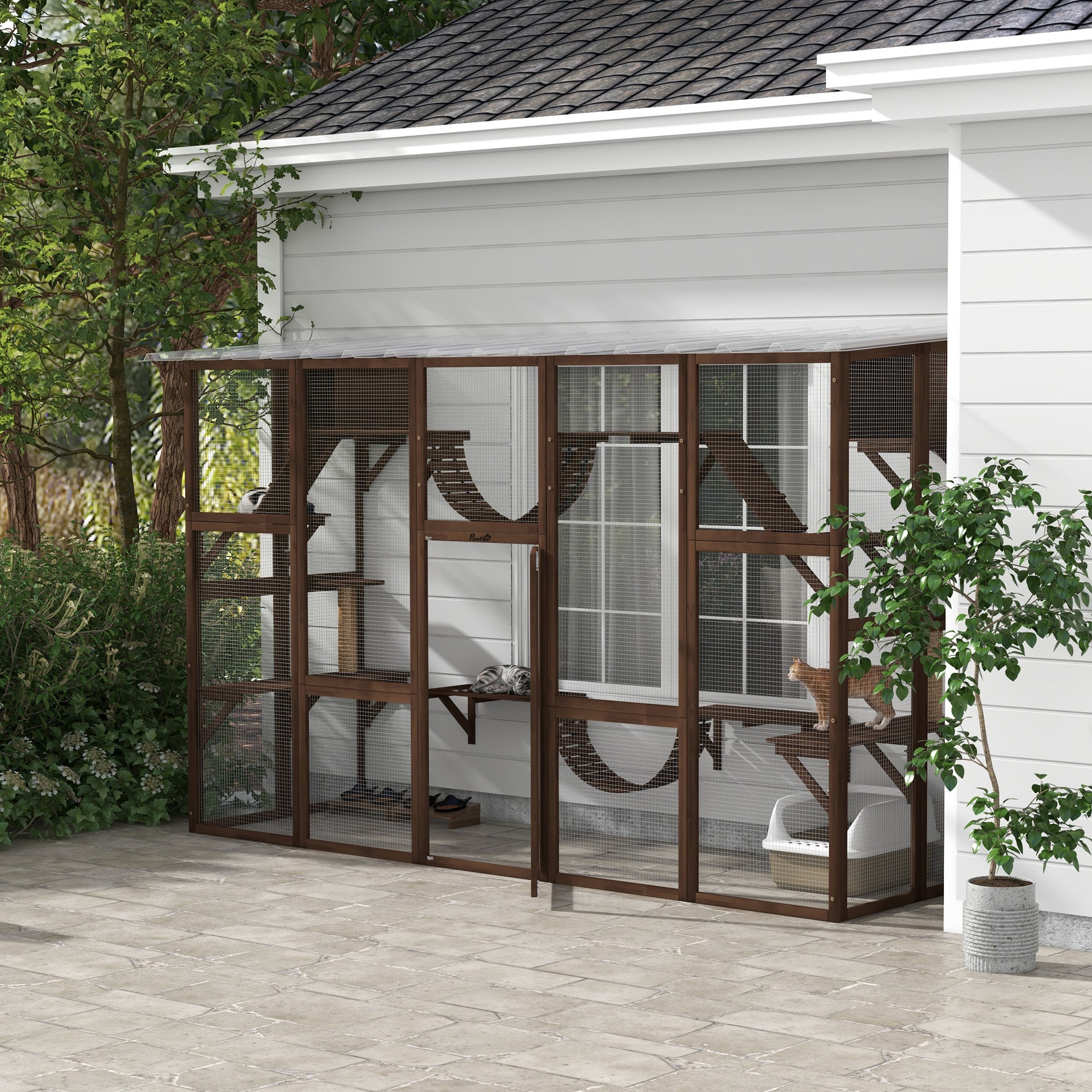 Large Outdoor Cat Enclosure for Multiple Cats with Shelves & Bridges, Coffee Brown