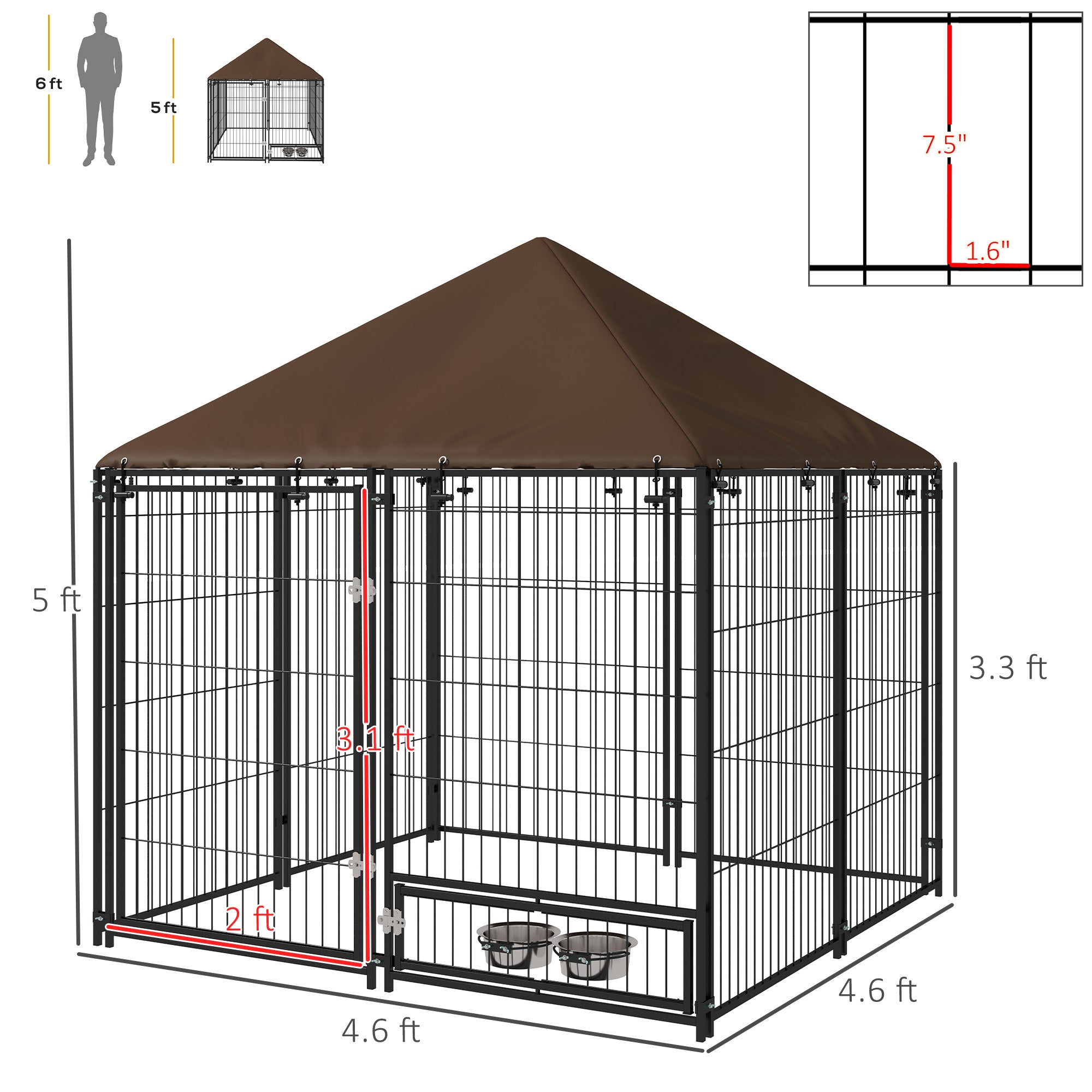 Outside Dog Kennel, 4.6' x 4.6' x 5' Puppy Play Pen with Canopy, Garden Playpen Fence Crate Enclosure Cage Rotating Bowl, for Dogs, Chickens, Ducks, Black