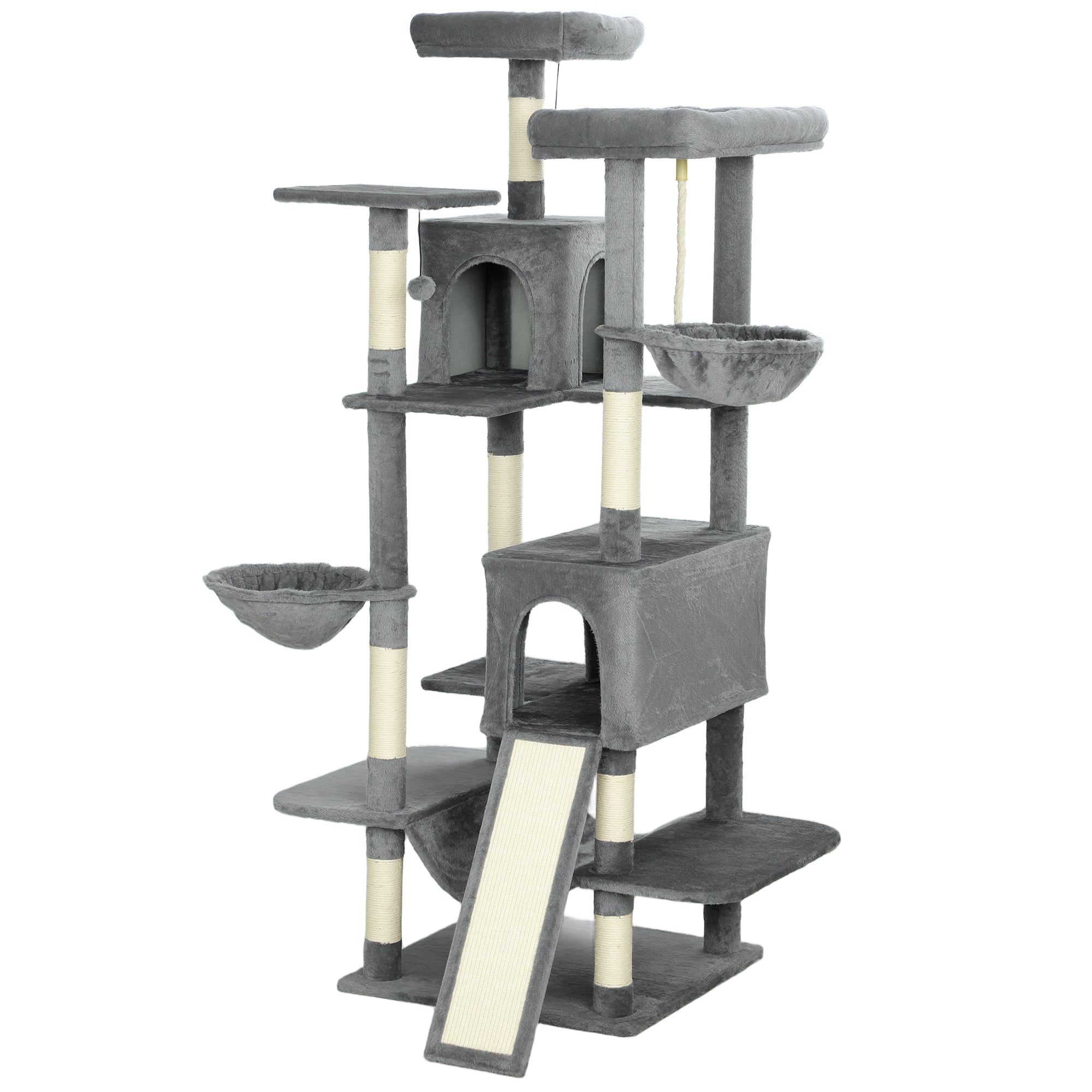 69" Tall Cat Tree for Indoor Cats - Multi-Level Cat Tower with 2 Condos & 3 Hammocks, 8 Sisal Scratching Posts, Dark Gray Furniture for Multiple Cats, Anti-Tip Stable Design