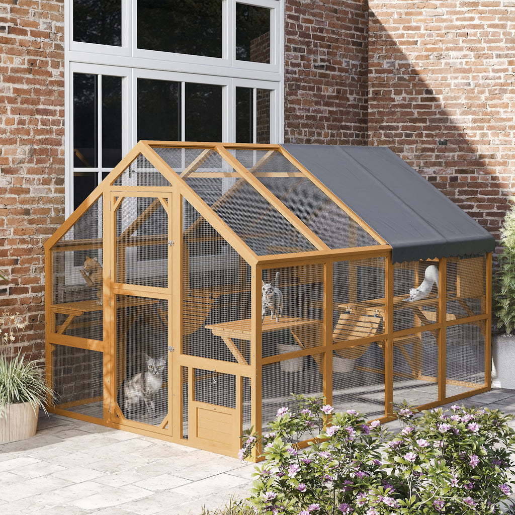 Wooden Catio Outdoor Cat Enclosure, Large Cat House with Waterproof Cover, 2 Condos, 6 Platforms, Bridge, Doors, Yellow