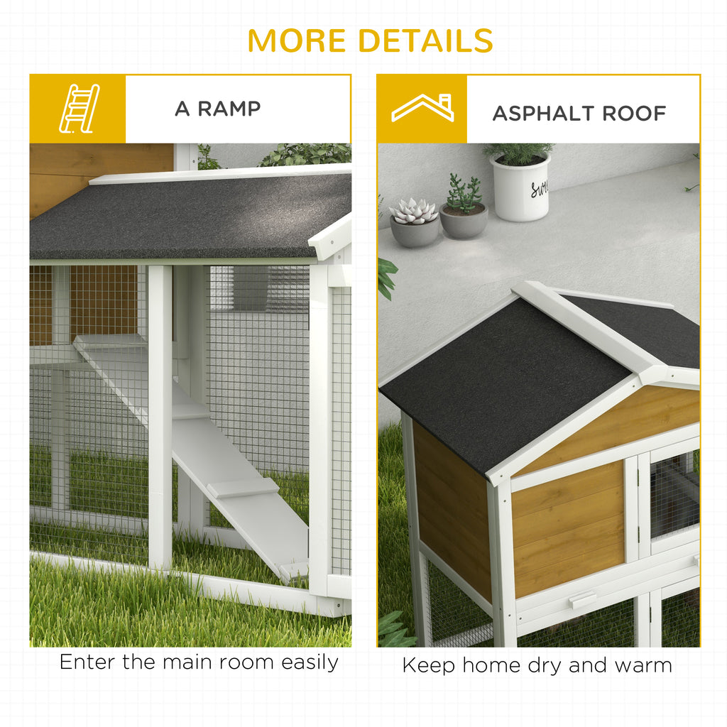 58" Wooden Rabbit Hutch with Run, Removable Tray, Asphalt Roof,  Lockable Doors and Ramp, Nature Wood