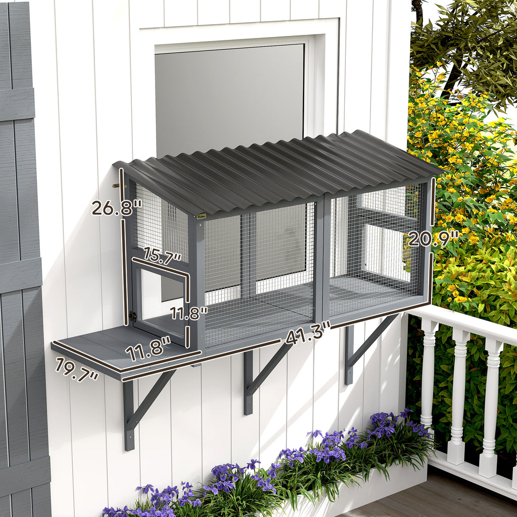 Wooden Cat Catio, Outdoor Cat Enclosure Window Perch with Jumping Platform, for Safely Enjoying Outdoor Sights, Gray