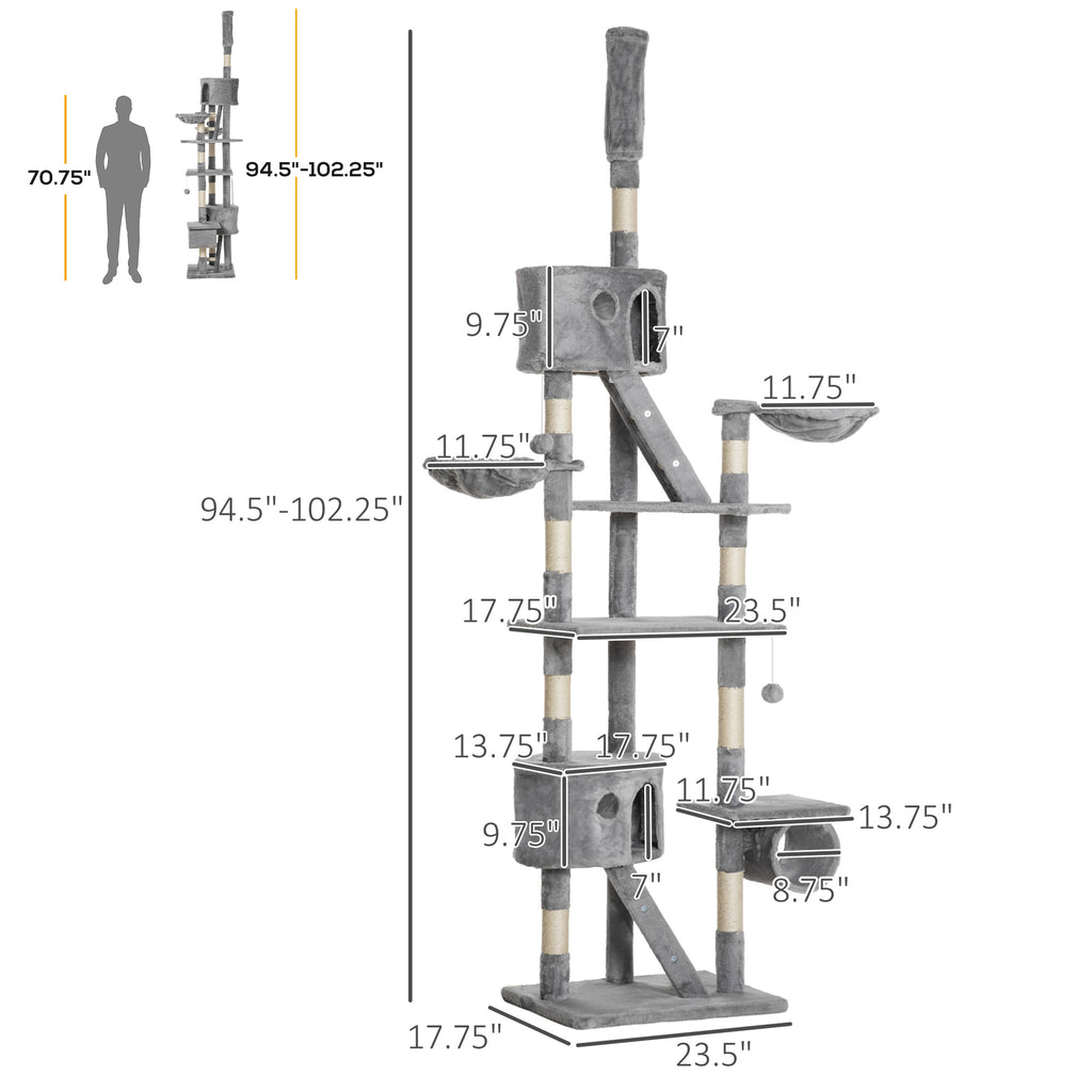Floor to Ceiling Cat Tree, 94.5-102.5 inch Height Adjustable?Cat Climbing Tower with Scratching Posts, Condos, Hammocks