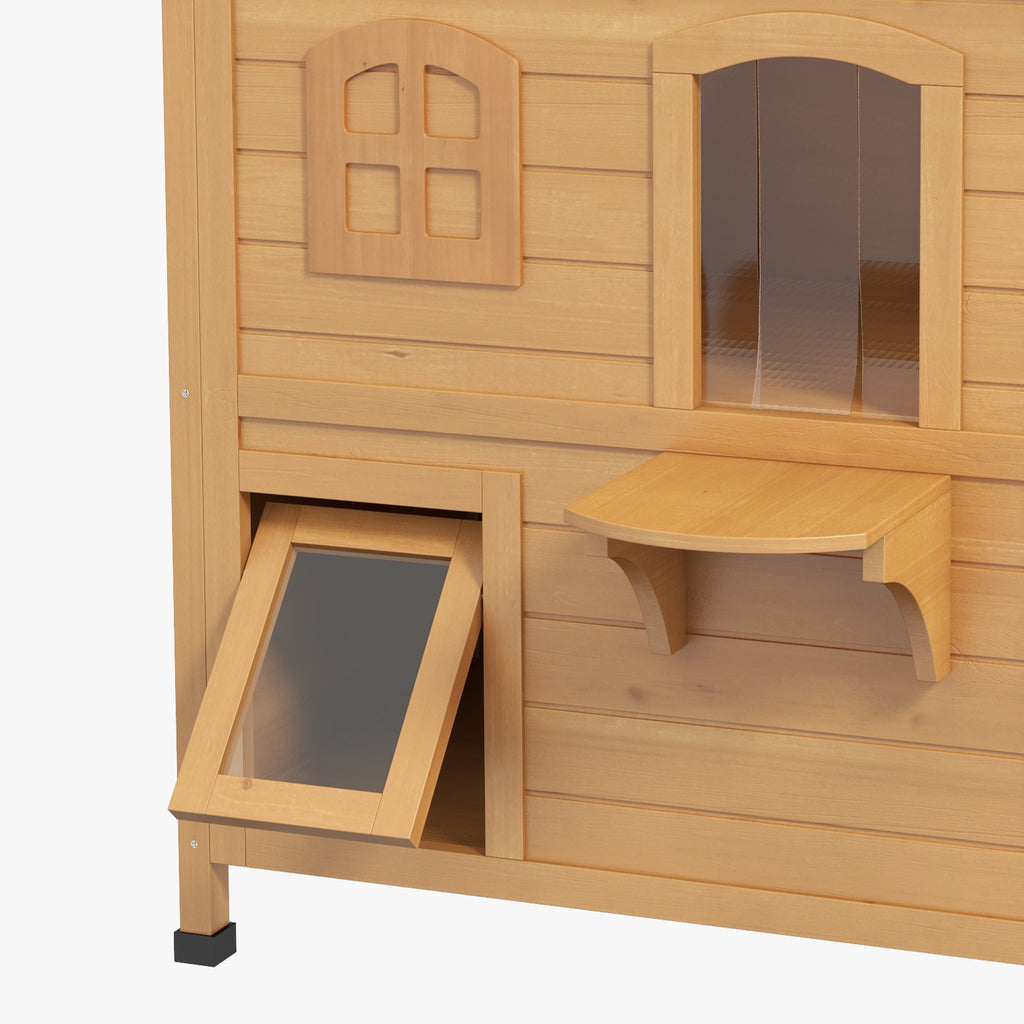 ?2-story Cat House Outdoor, Weatherproof?Wooden Cat Enclosure for Feral Cats with Escape Door, Openable Roof, Jumping Platforms, Natural