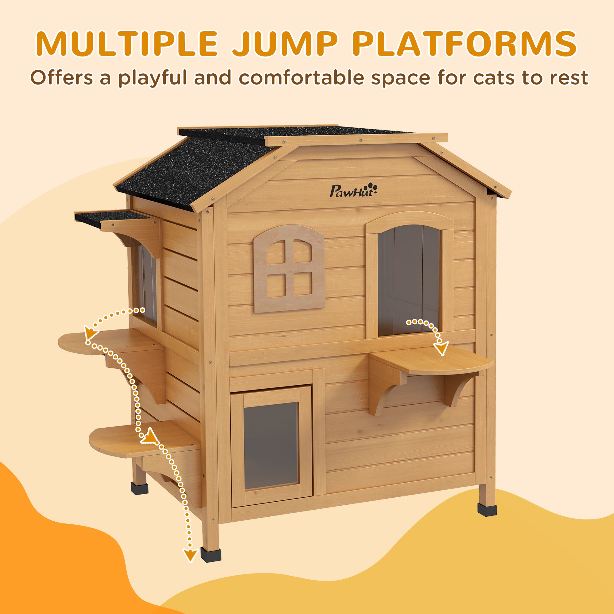 ?2-story Cat House Outdoor, Weatherproof?Wooden Cat Enclosure for Feral Cats with Escape Door, Openable Roof, Jumping Platforms, Natural