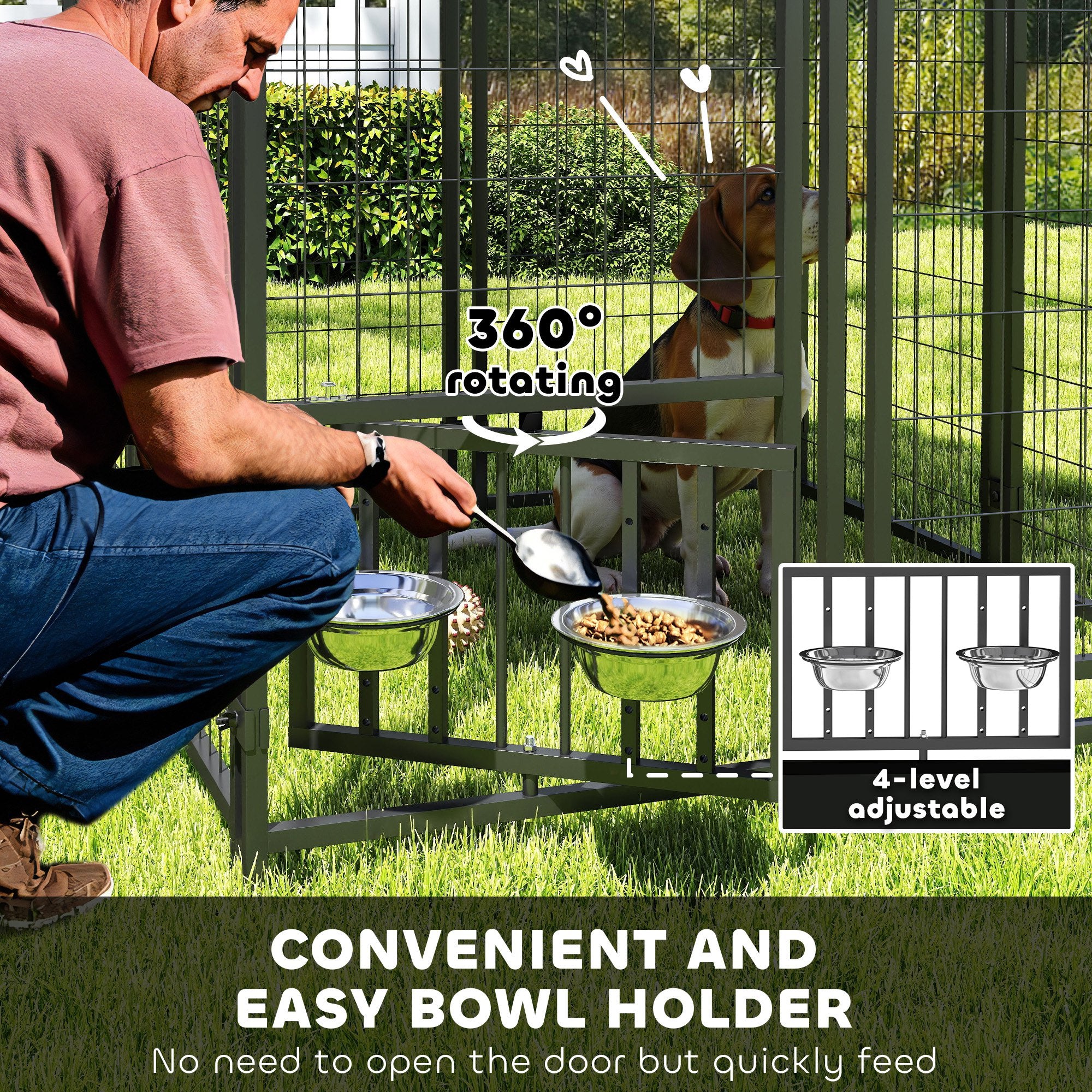 Welded Wire Outdoor Dog Kennel with 360¡ã Rotating & 4 Levels Adjustable Bowls, Waterproof Cover, 3.9' x 3.9' x 6'
