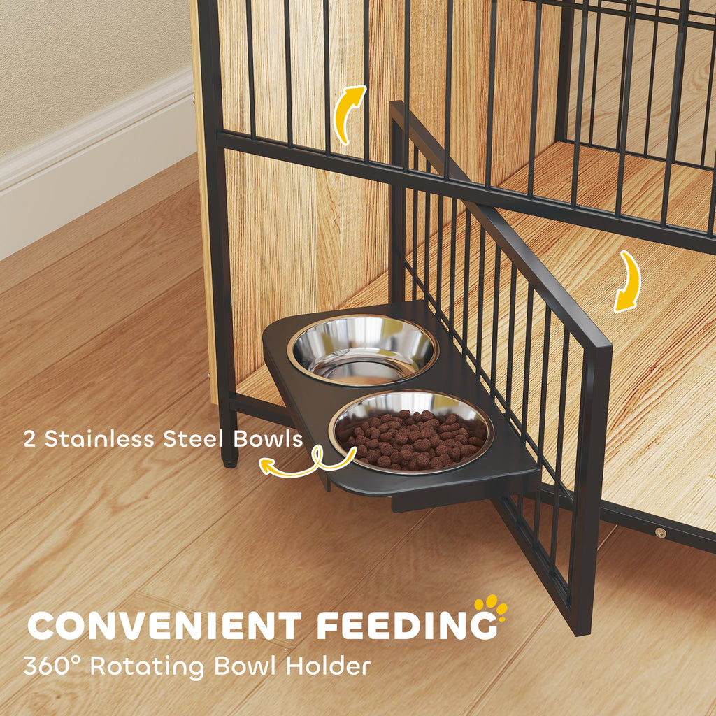 30 Inch Dog Crate Furniture, Indoor Pet Kennel Side Table with Rotatable Bowls, 2 Anti-Escape Doors, for M Dogs, Oak